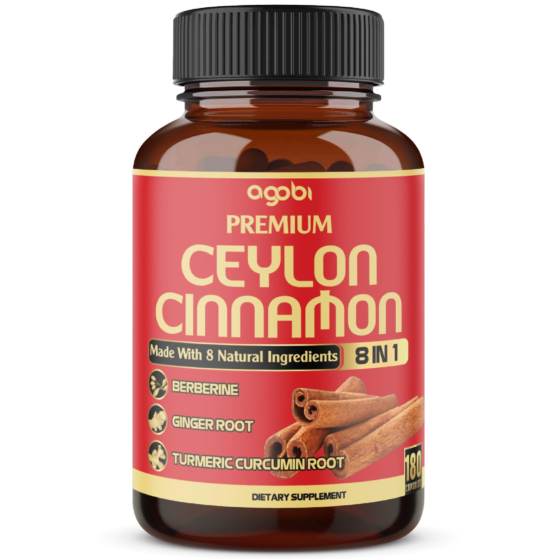 agobi Premium Ceylon Cinnamon with Berberine Supplement - 8in1 Turmeric, Ginger, Gymnema & More - Body, Heart & Overall Vitality Capsules 180