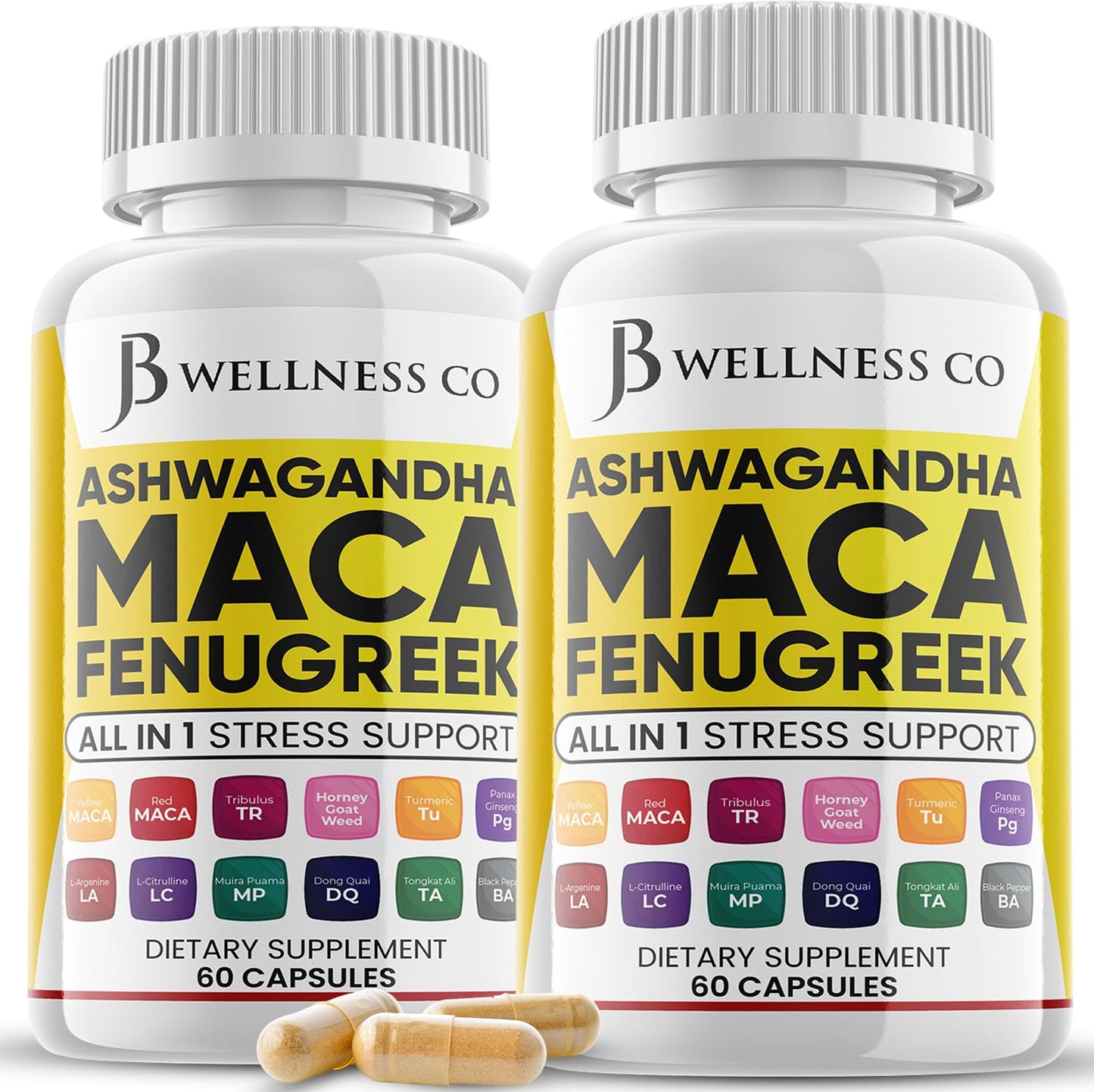 JB Wellness Co Ashwagandha Maca Root Fenugreek Supplement with Tongkat Ali Ginseng Capsule, 120 Count