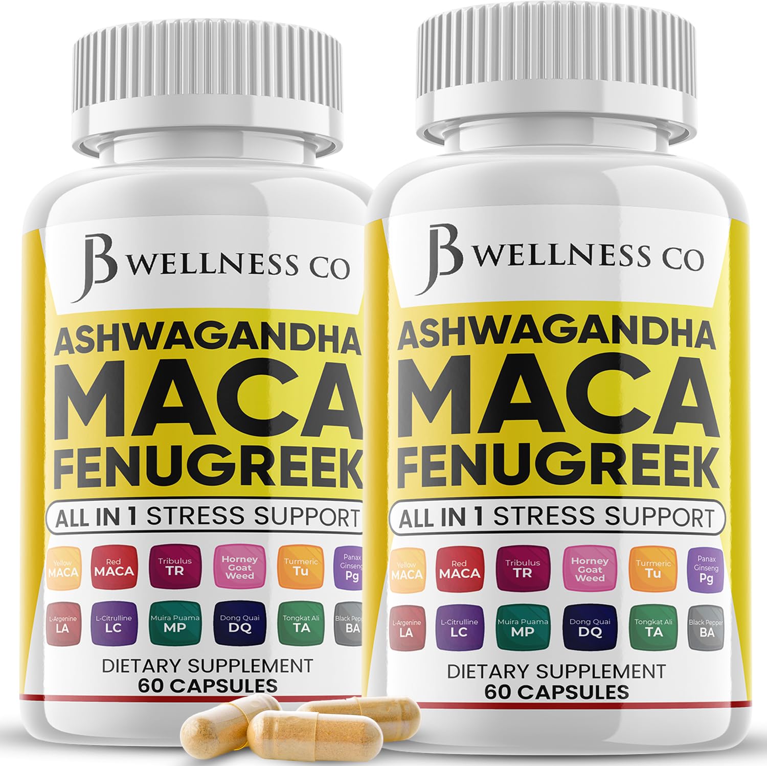 JB Wellness Co Ashwagandha Maca Root Fenugreek Supplement with Tongkat Ali Ginseng Capsule, 120 Count