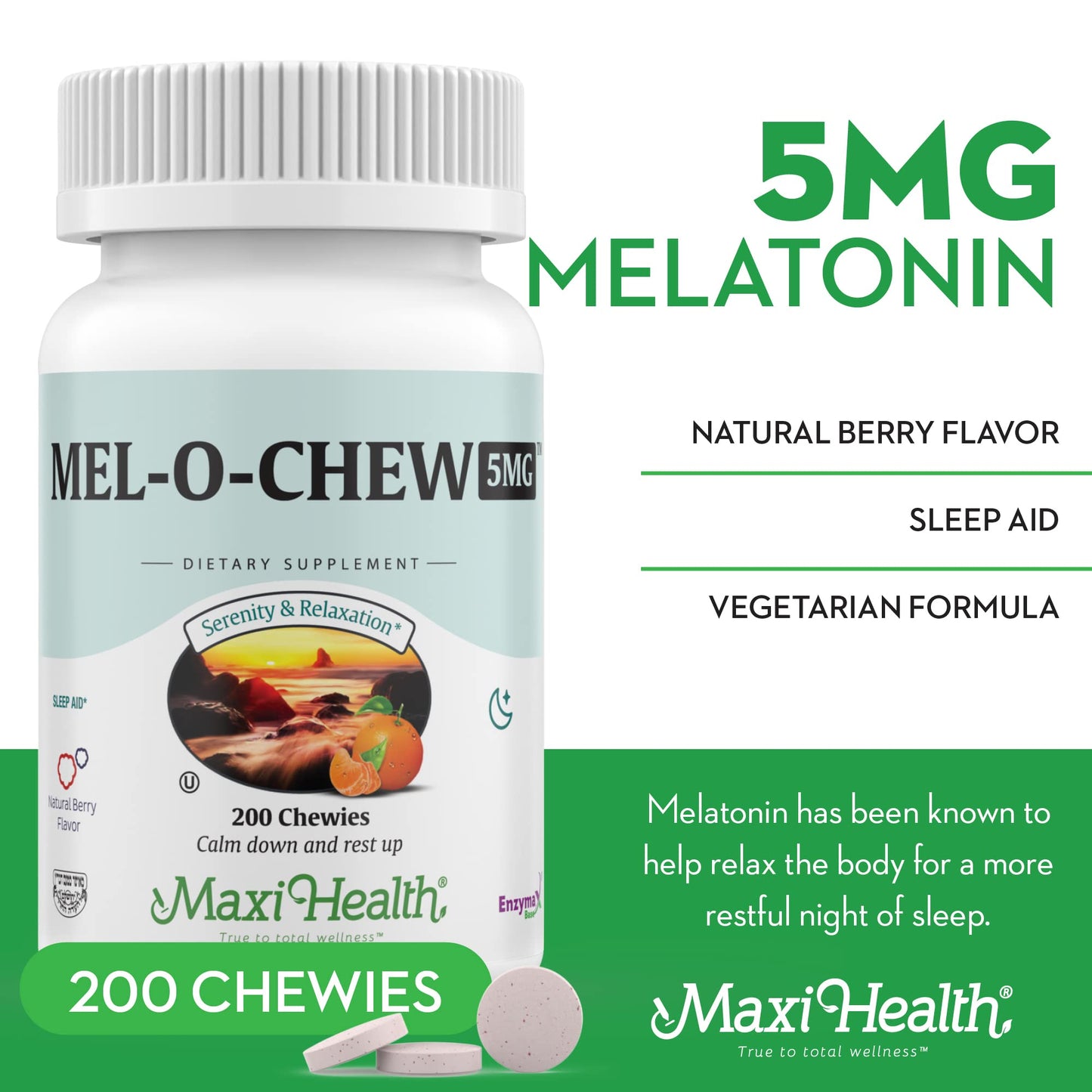 Maxi Health Melatonin 5mg Extra-Strength Fast Acting Chewables, 200 Count