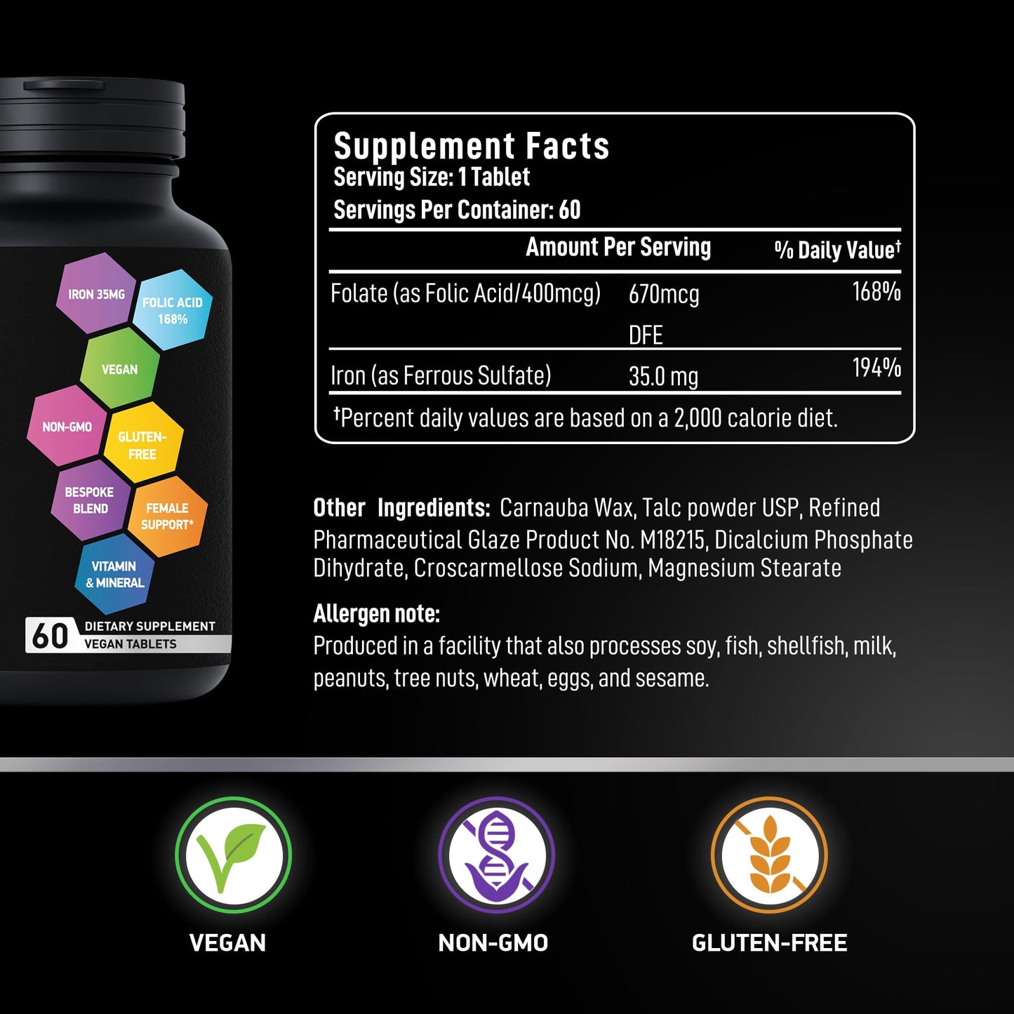 BIOACTIVE LABS Vegan Iron Supplements for Women with Folic Acid - 35mg Gentle Iron, 400mcg Folic Acid, Ferrous Sulfate Blood Builder, 60 Tablets
