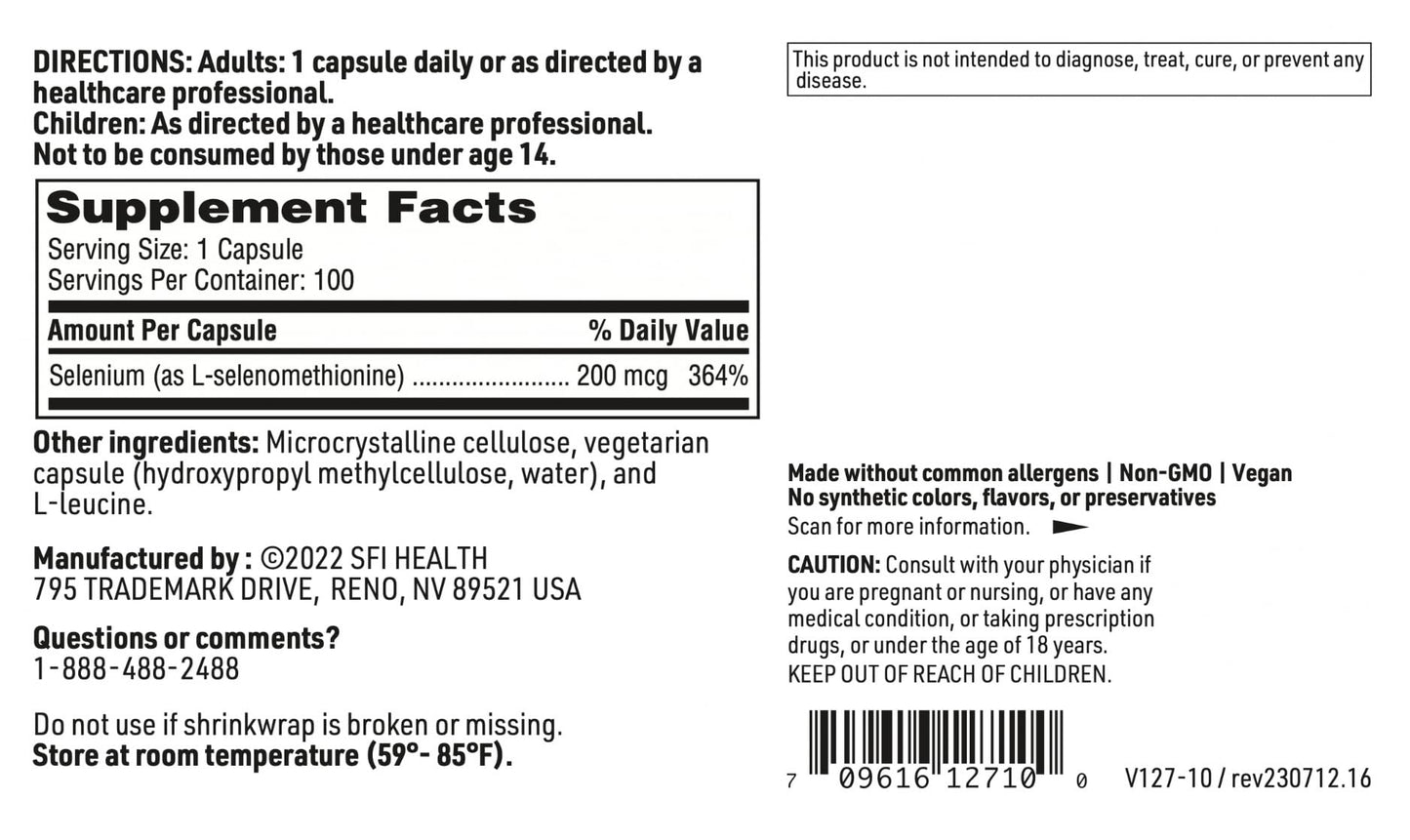 SFI Health Seleno Met Capsules, 200 mg Selenium as Hypoallergenic Selenomethionine, Bioavailable Antioxidant Support, No Yeast, Dairy & Gluten-Free, 100 Capsules