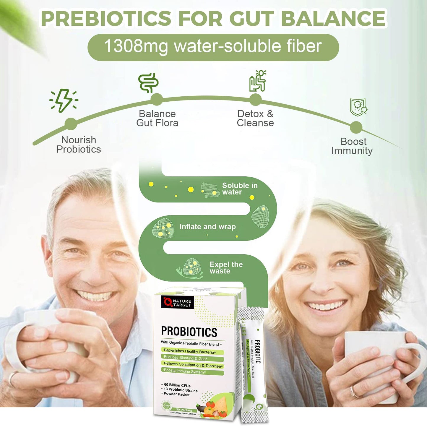NATURE TARGET Probiotic Powder for Women & Kids, 60 Billion CFU, 30 Packets