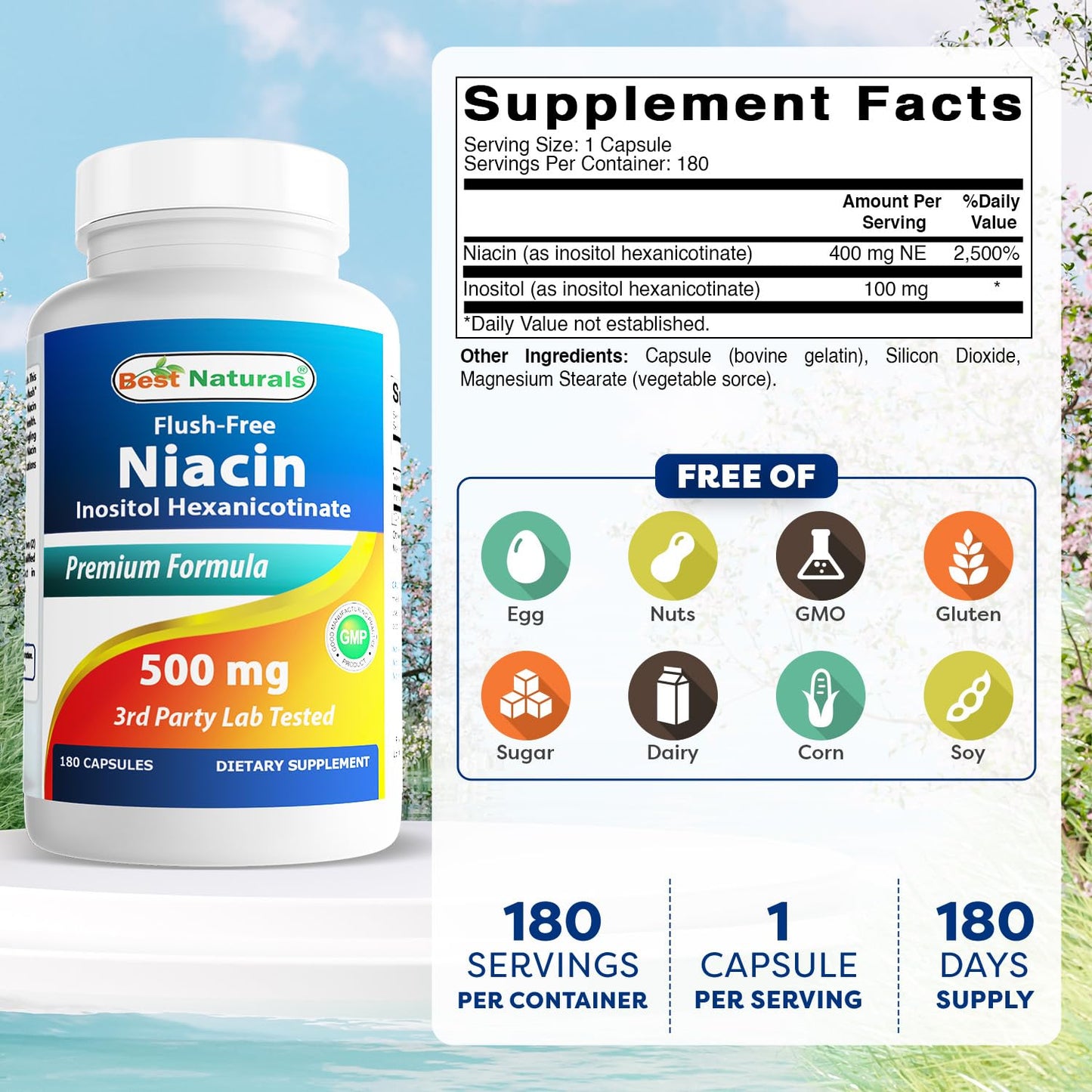 Best Naturals Flush-Free Niacin Inositol Hexanicotinate 500 mg Capsules, 180 Count