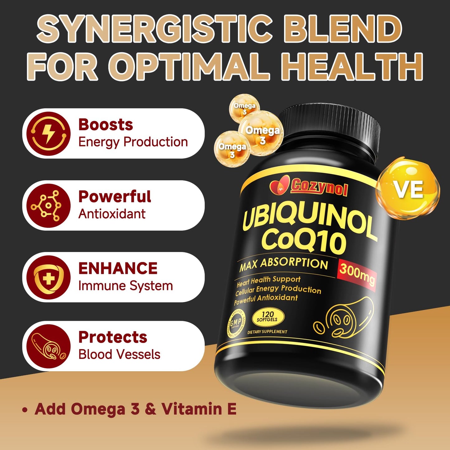 Cozynol Ubiquinol CoQ10 300mg Softgels, with Vitamin E & Omega 3, 120 Servings