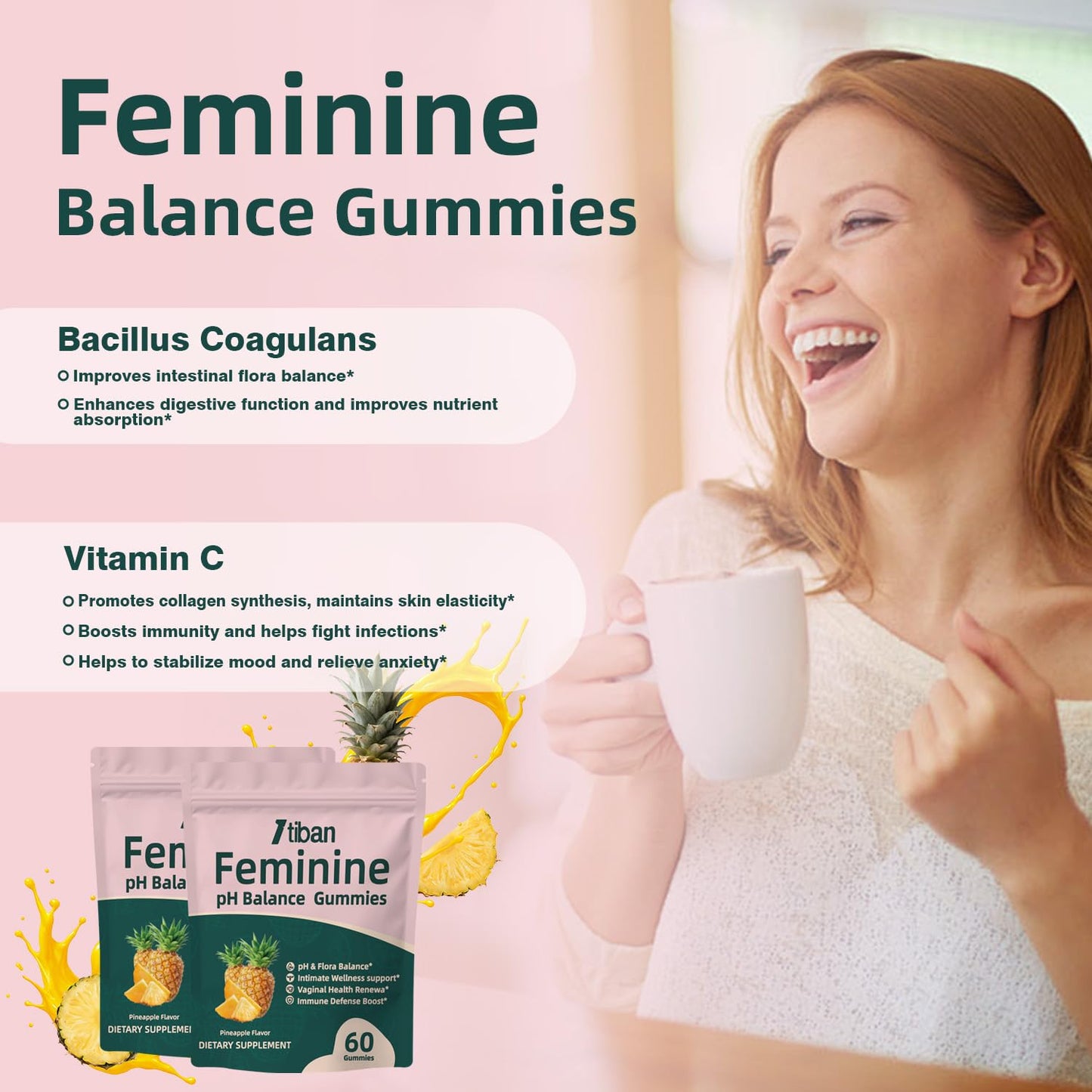 Itiban Women Gummies for pH Balance Probiotic Gummy, Feminine Vaginal Health, Immune Support, Vegan, Gluten-Free, Pineapple Flavor, 60 Gummies