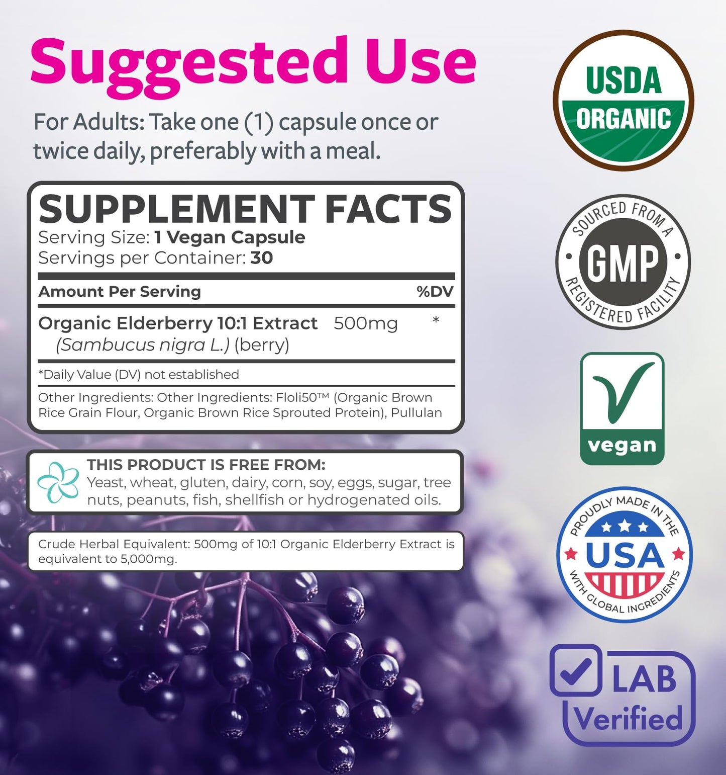 PURE CO Organic Elderberry 10:1 Extract 500mg per Capsule, 30 Capsules
