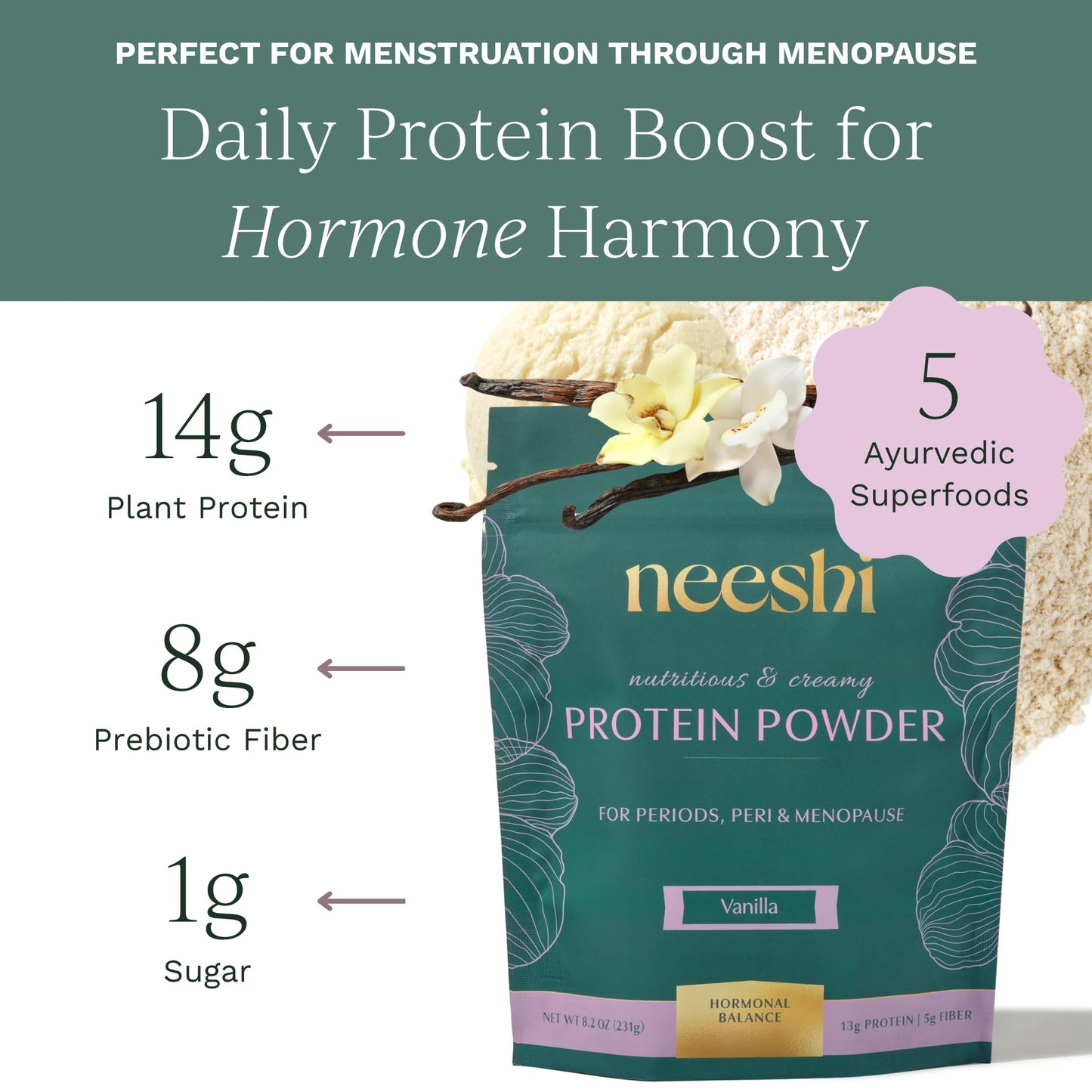 NEESHI Hormone Balance Protein Powder and Fiber Blend Vanilla, 14 Servings