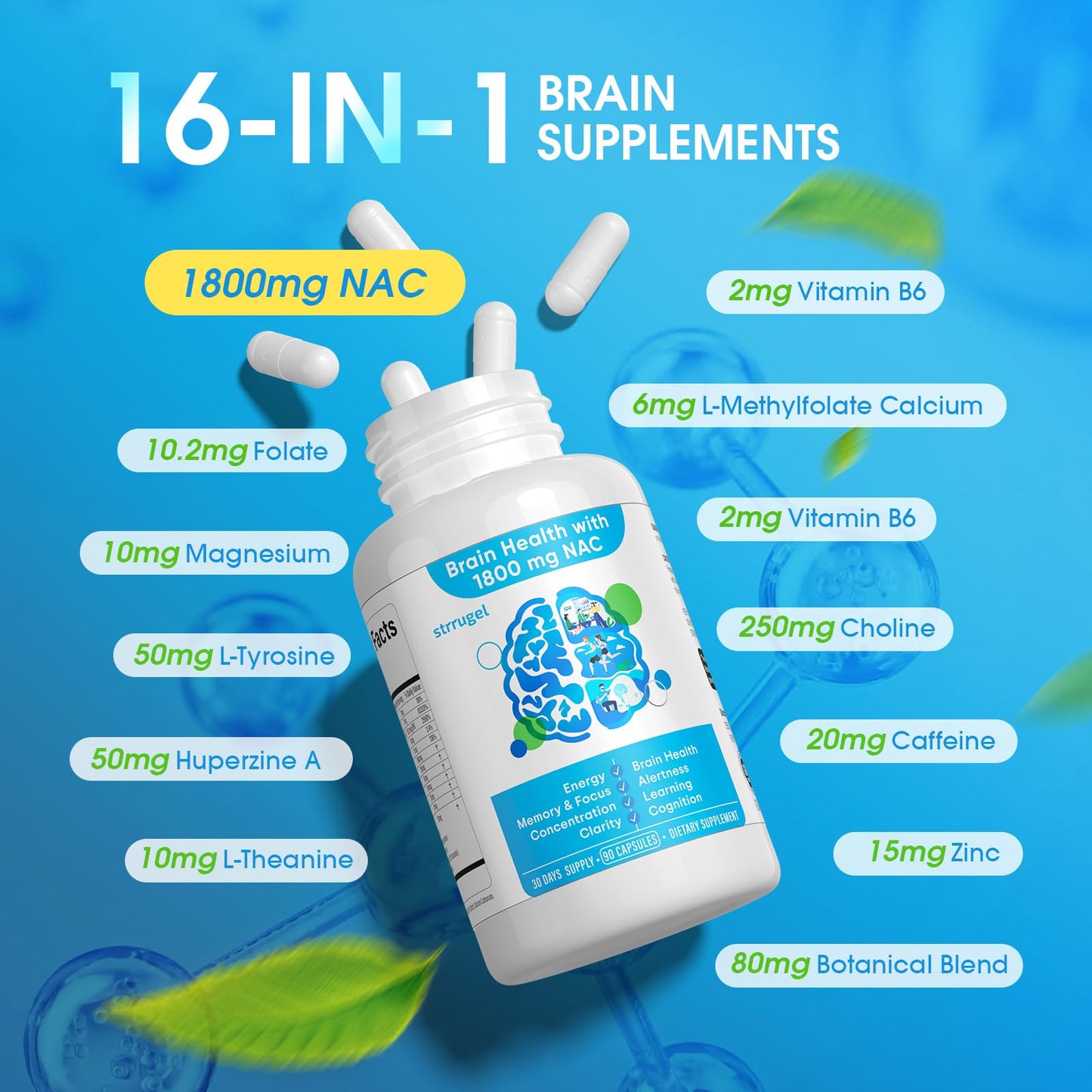strrugel NAC Brain Supplement 1800mg – N-Acetyl Cysteine with CDP-Choline, Lion’s Mane, Rhodiola & L-Theanine – Focus, Memory & Cognitive Support Capsules, 90 Count