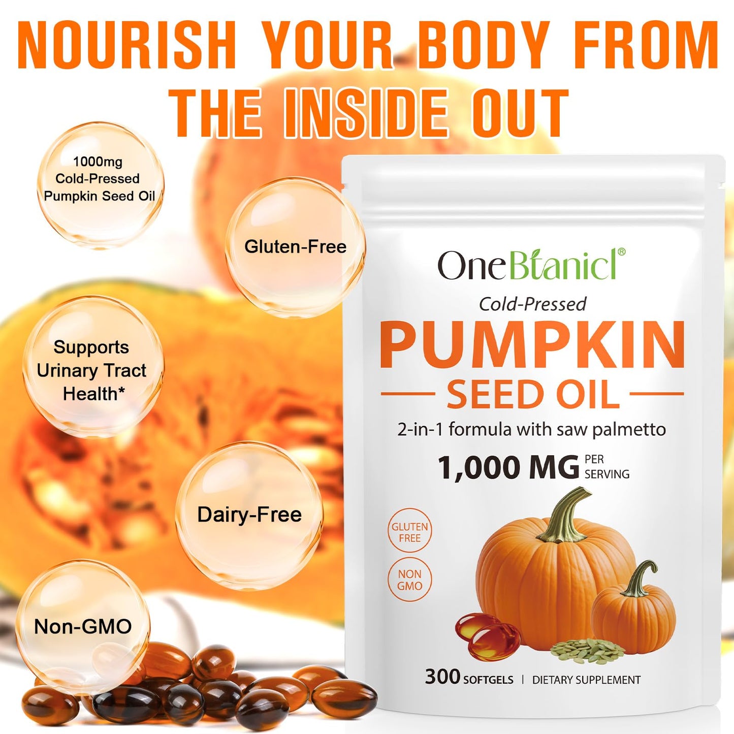 Akeeronn Pumpkin Seed Oil Capsules with Saw Palmetto, 300 Capsules