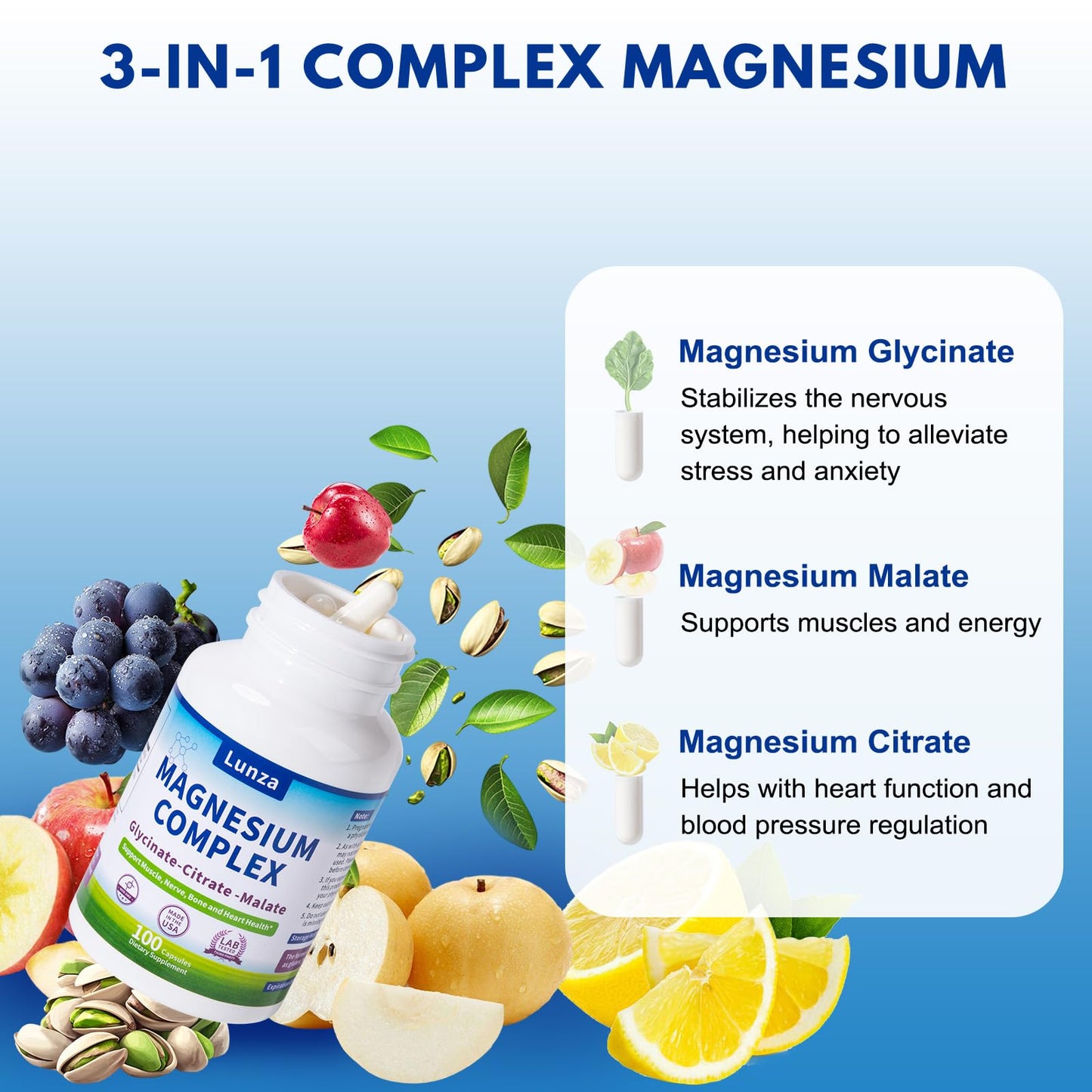Jkrova Reacted Magnesium & Potassium - High Absorption Magnesium Supplement with Magnesium Citrate, Glycinate, Malate Capsule, 100 Capsules