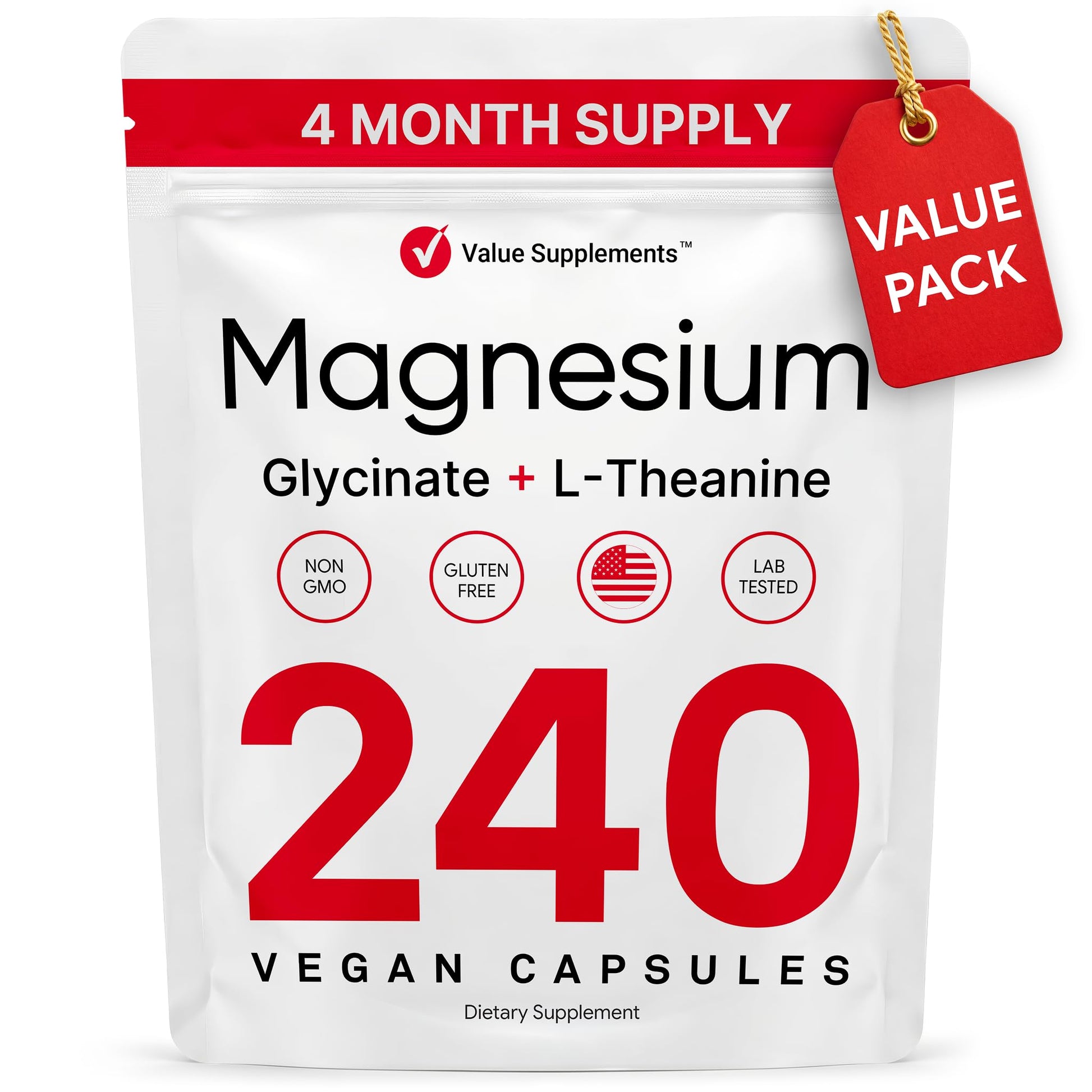 Value Supplements Magnesium Glycinate 500mg + L-Theanine Capsules, 240 Count