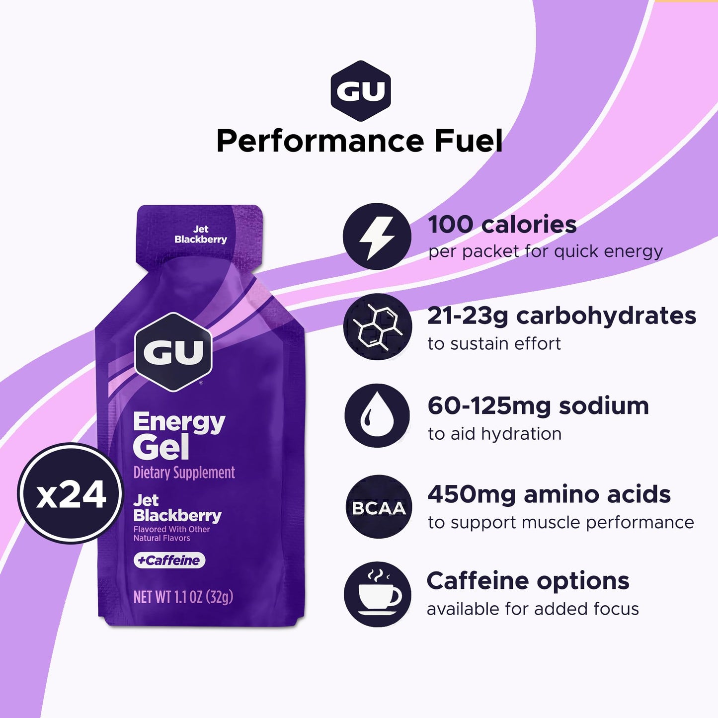 GU Energy Original Sports Nutrition Energy Gel, Jet Blackberry, 24 Count Box (123044)