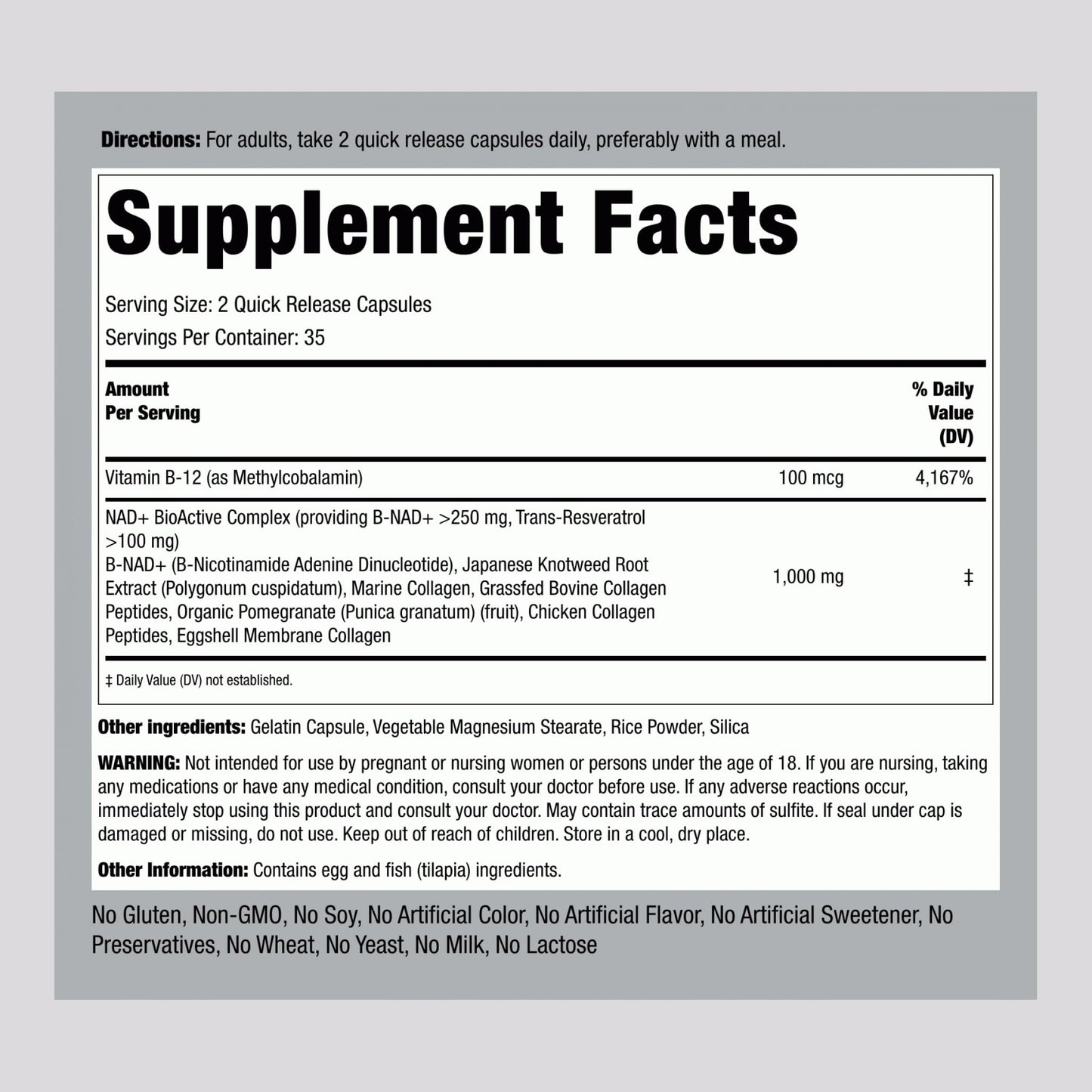 Piping Rock NAD Resveratrol Supplement Plus Collagen Capsules 70 Count