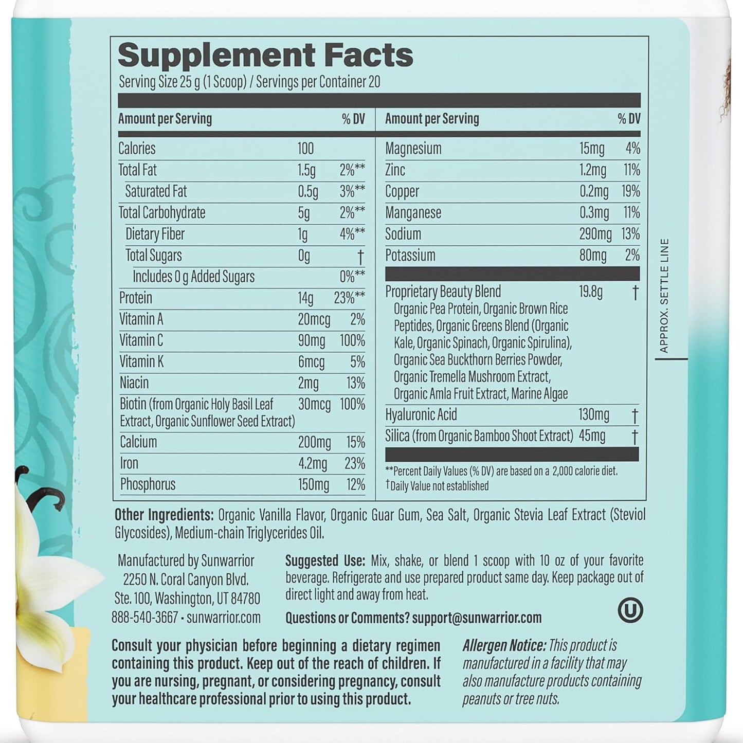 Sunwarrior Vegan Collagen Protein Powder Vanilla, 20 Servings