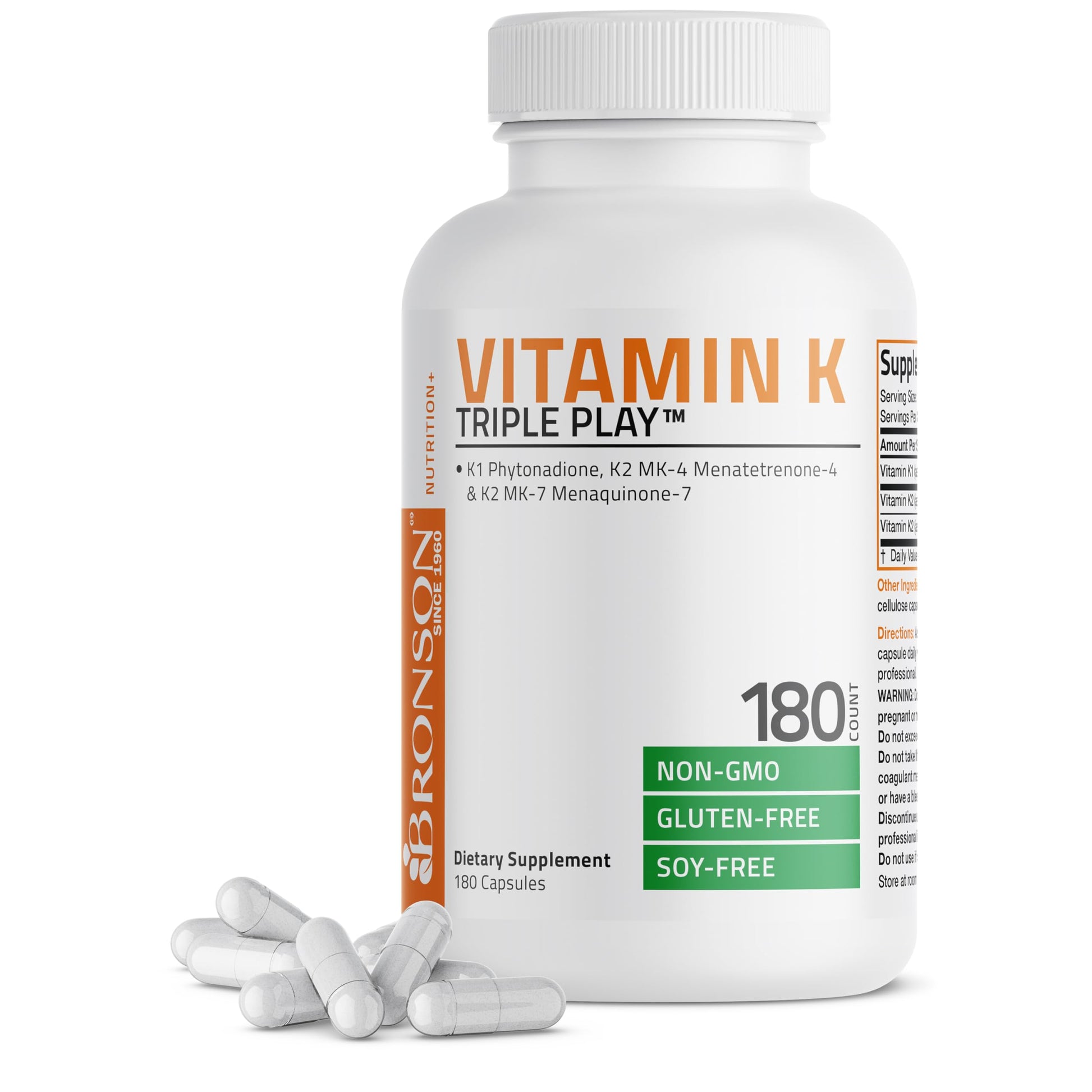 Bronson Vitamin K Triple Play (Vitamin K2 MK7 / Vitamin K2 MK4 / Vitamin K1) Full Spectrum Complex Vitamin K Supplement, 180 Capsules