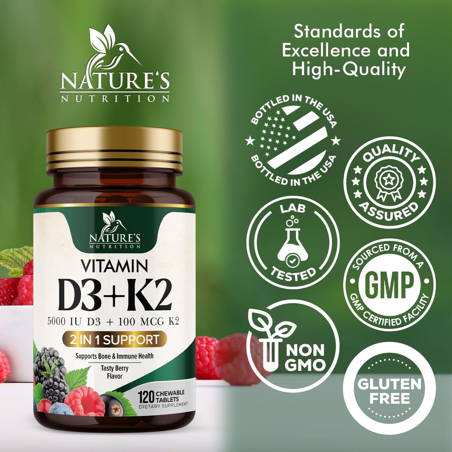 Nature's Nutrition Vitamin D3 K2 Supplement Tablets 120