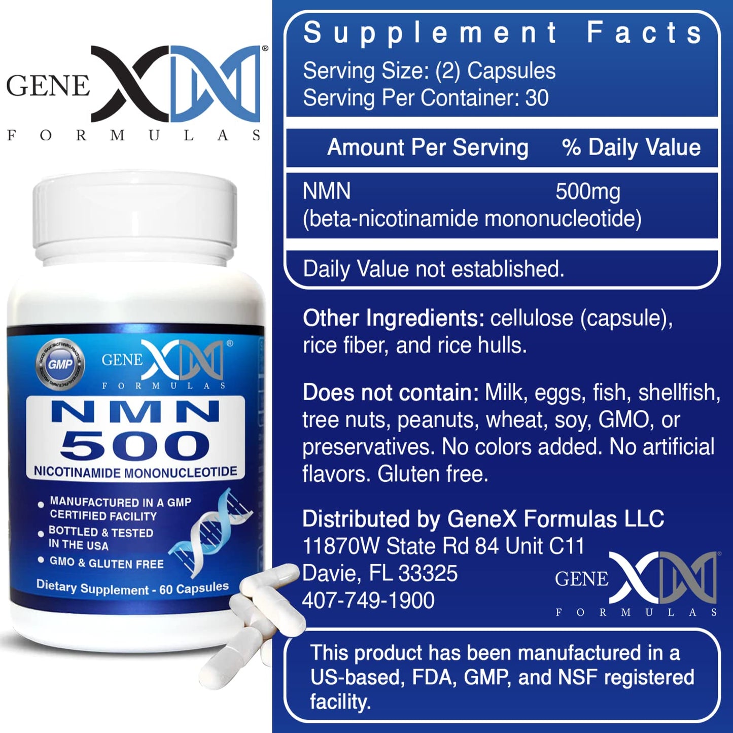 Genex Formulas NMN 500mg - 99% Pure Shelf Stabilized NMN Capsules, GMP Certified, 60 Capsules