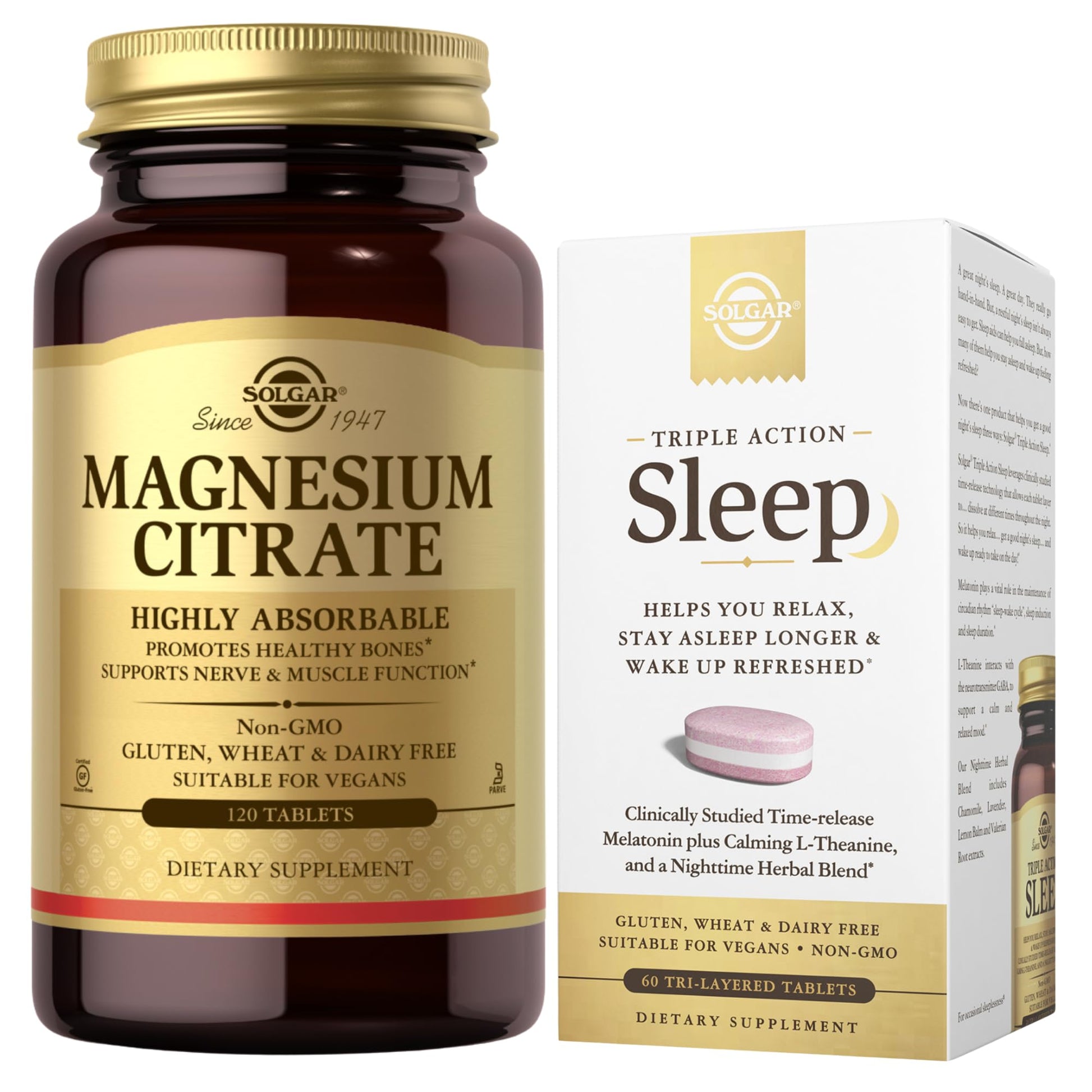 SOLGAR Sleep Support Bundle: Triple Action Sleep + Magnesium Citrate, 180 Tablets