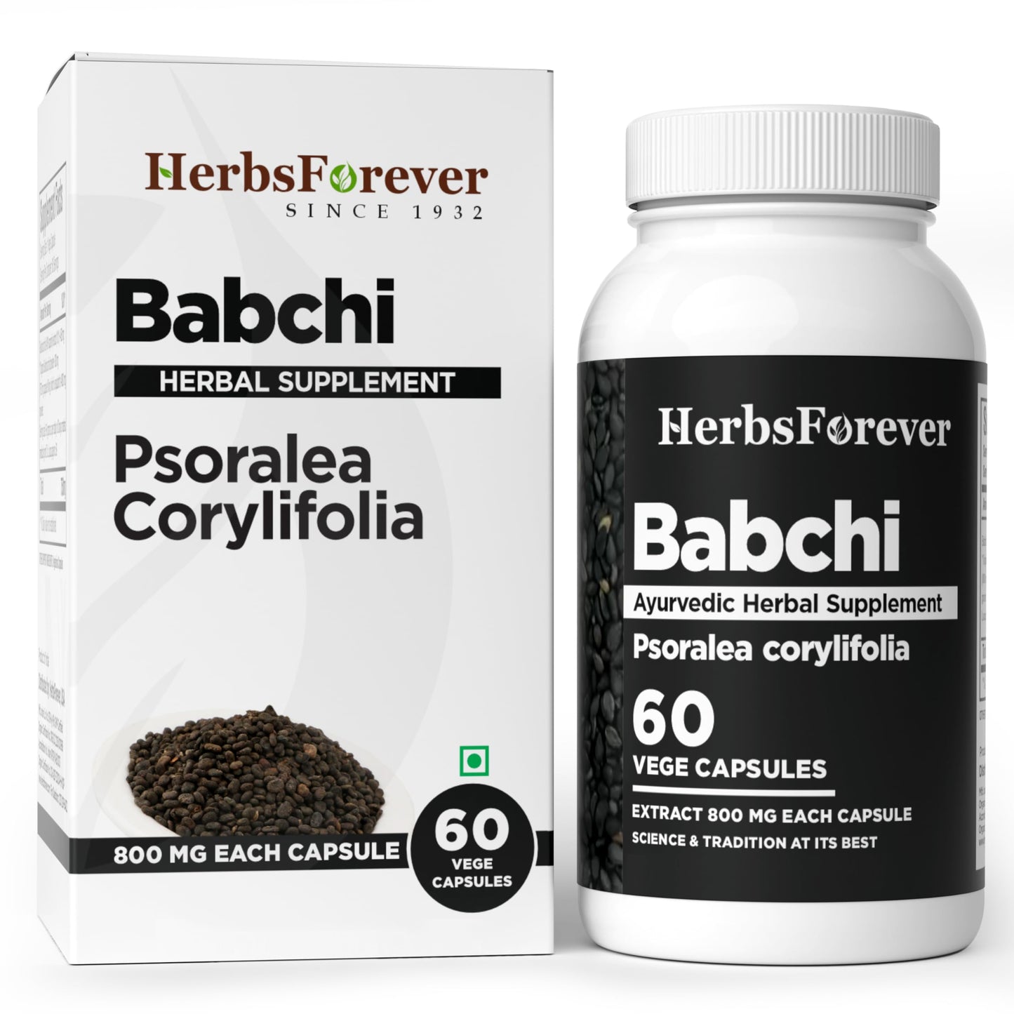 Herbsforever Babchi(Bakuchi/Psoralea corylifolia)-Extra Strength(5:1) Extract, Equiv. to 1200mg Seeds Powder Per Serving- White Spot & Patches Reduction|Skin Clear & Uniform Capsules, 60 Count