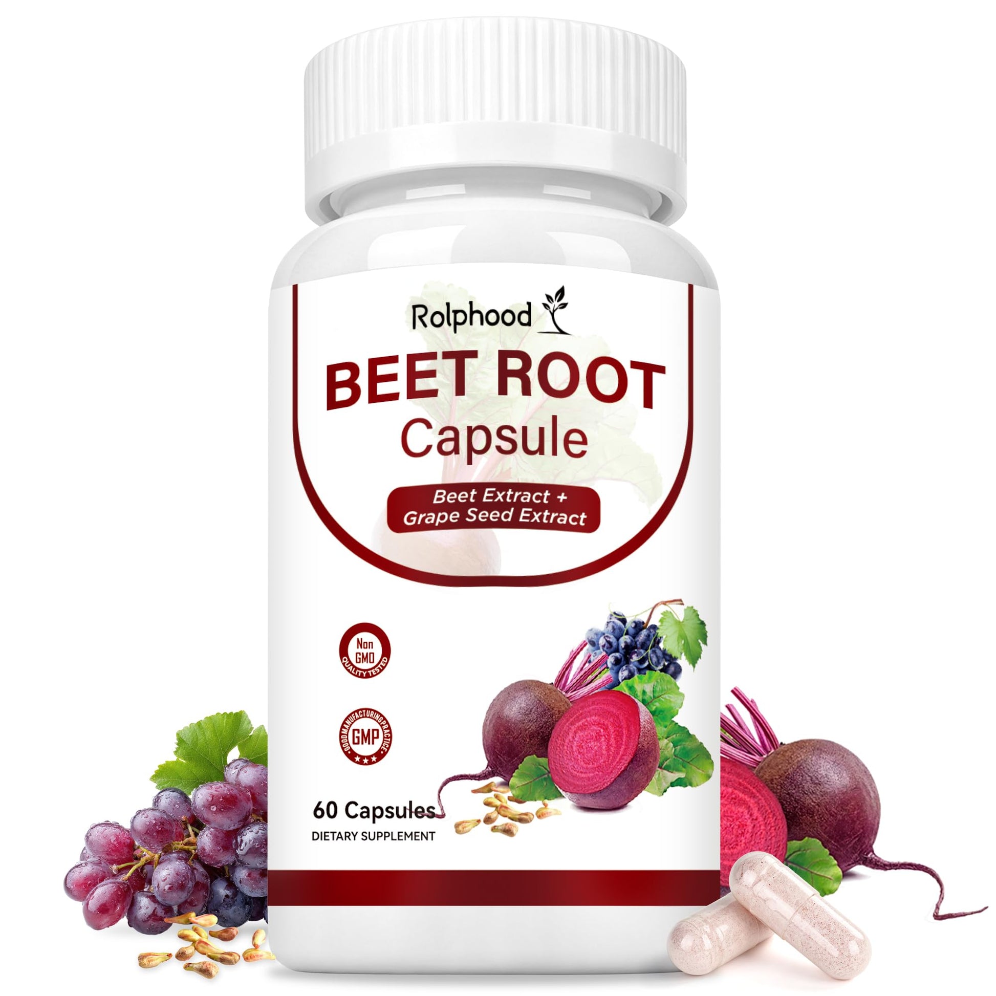 Rolphood 2 in 1 Organic Beet Root + Grape Seed Extract Capsules, 60 Count