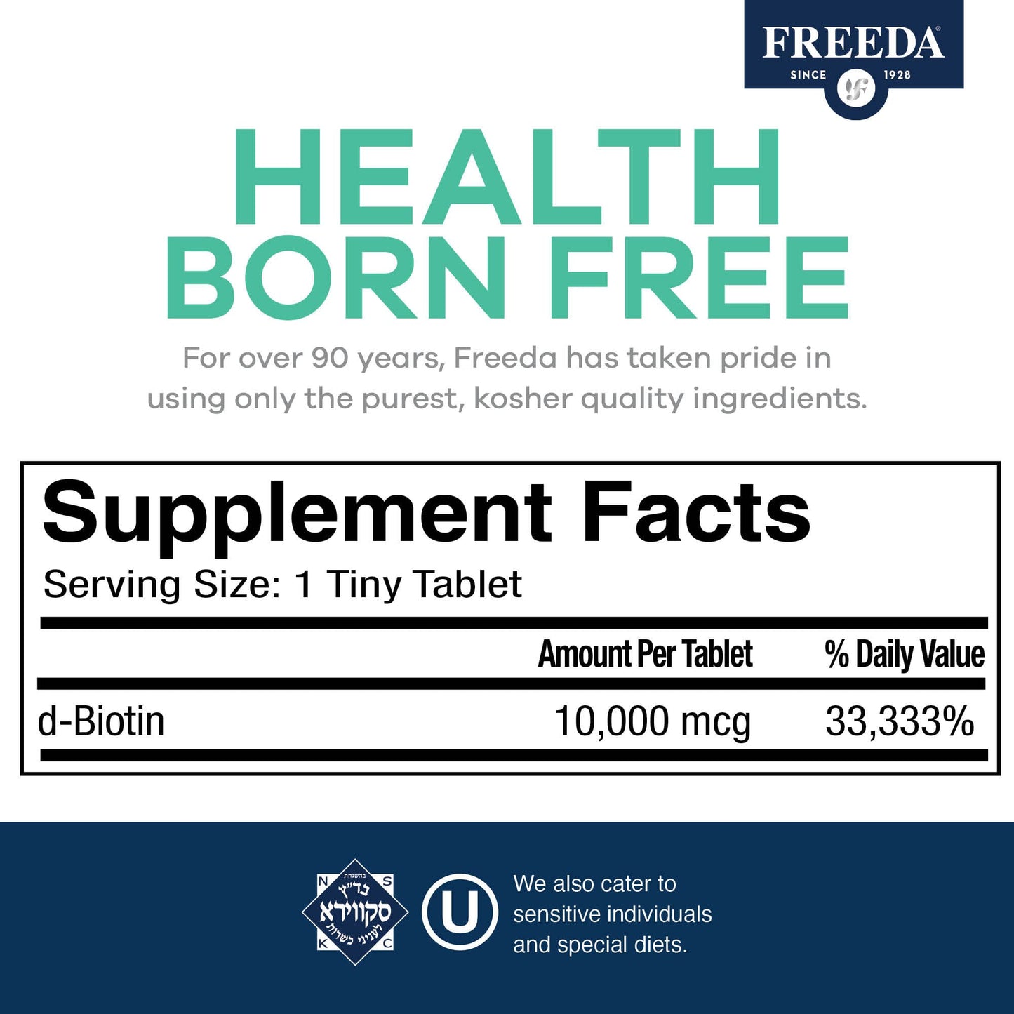 FREEDA Biotin 10,000 mcg Hair, Skin & Nails Supplement Tablets, 100 Count