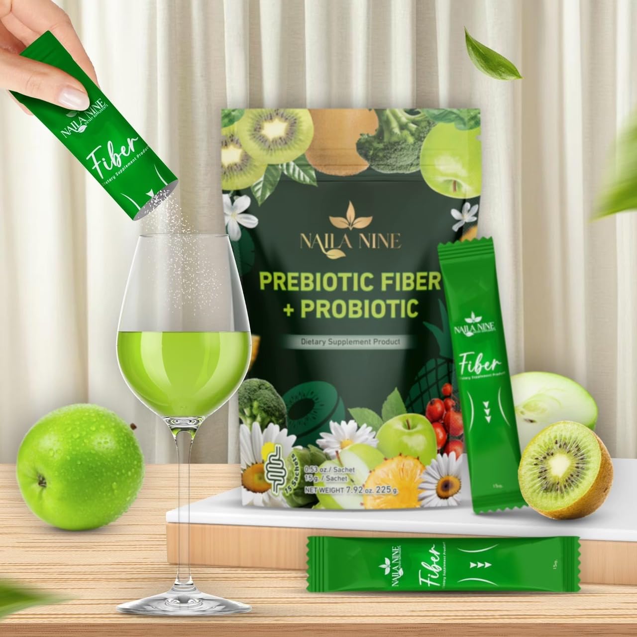 NAILA NINE Prebiotic Fiber Supplement Powder Apple and Kiwi Flavour, 15 Sachets