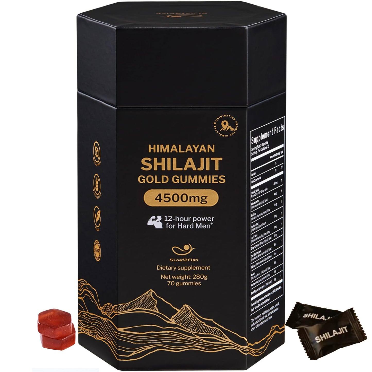 5Loaf2Fish Organic Pure Himalayan Shilajit Gummies with Ashwagandha and Sea Moss – Gold Shilajit for Men & Women Supplement, 105+ Natural Trace Minerals, 70 Gummies