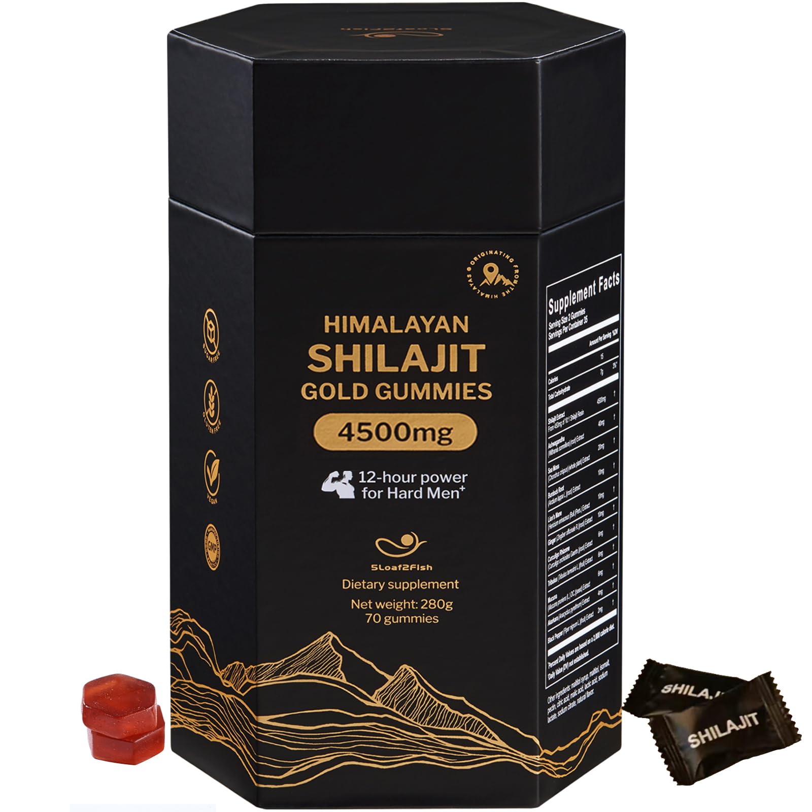 5Loaf2Fish Organic Pure Himalayan Shilajit Gummies with Ashwagandha and Sea Moss – Gold Shilajit for Men & Women Supplement, 105+ Natural Trace Minerals, 70 Gummies