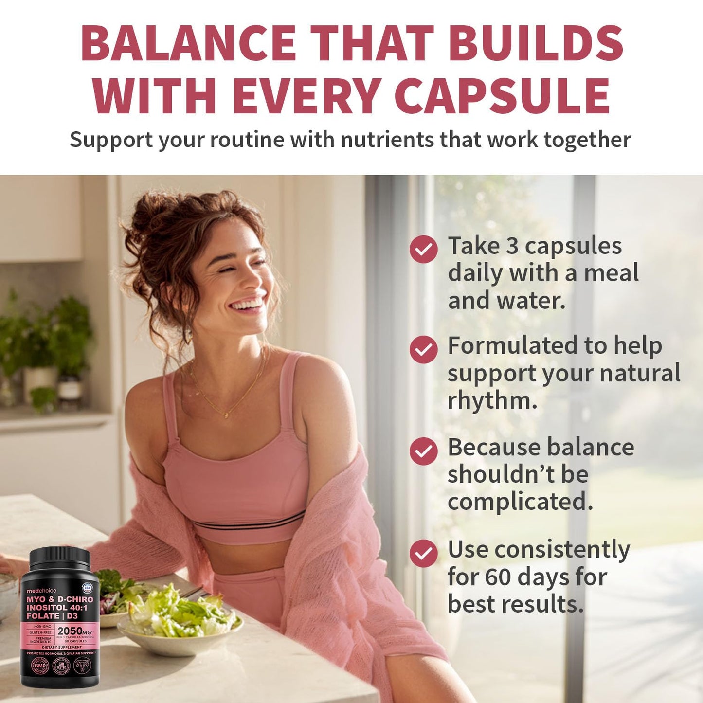 MEDCHOICE Myo-Inositol 40:1 for Women – Inositol Supplement with Myo & D-Chiro Inositol, Folate & Vitamin D3 – Vegan Capsules – 90 Count