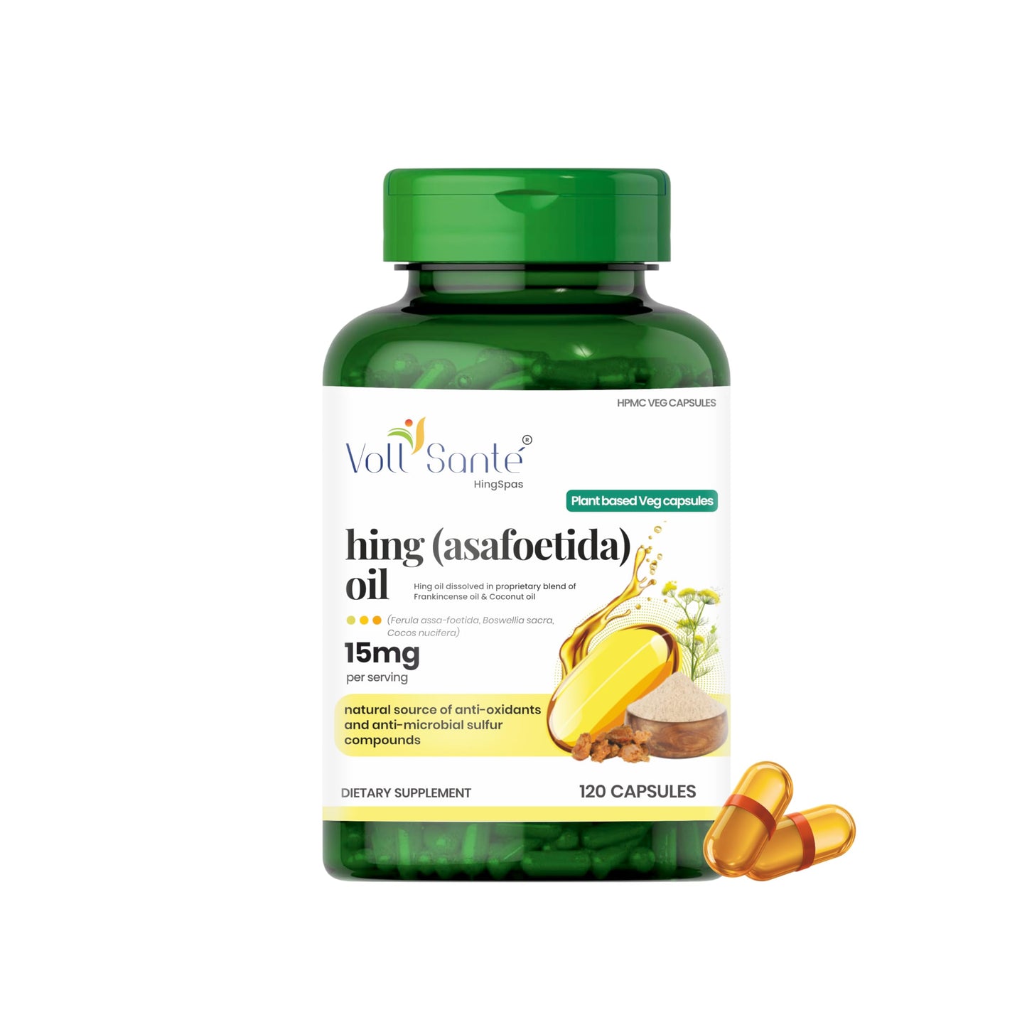 Voll Santé Hing (Asafoetida) Oil Capsules with Frankincense & Coconut Oil, 120 Capsules