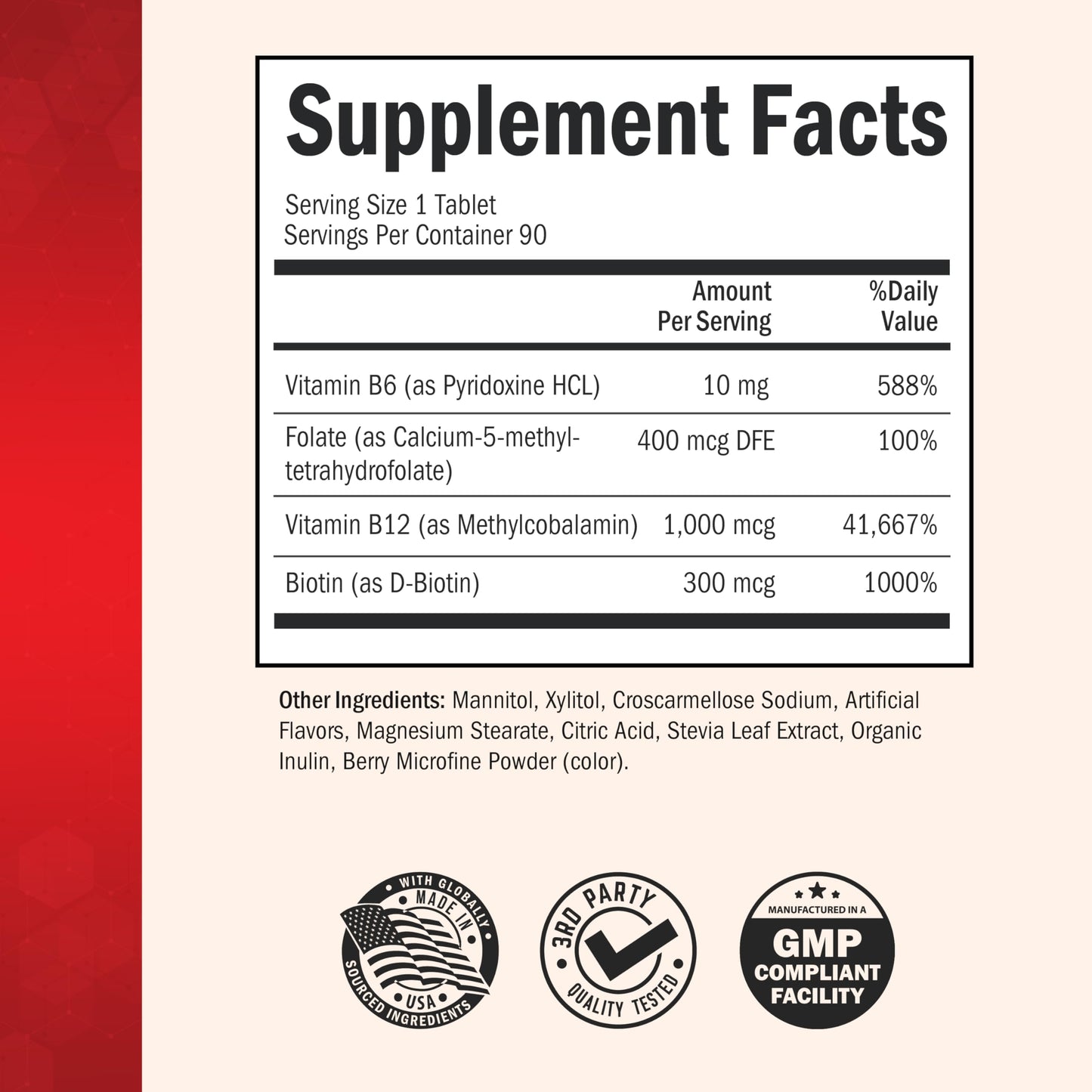 BioSchwartz Bariatric B12 Plus Dissolvable Tablets - 1000mcg Vitamin B12, Vitamin B6, Folate, Biotin, Cherry Strawberry Flavor, 90 Tablets