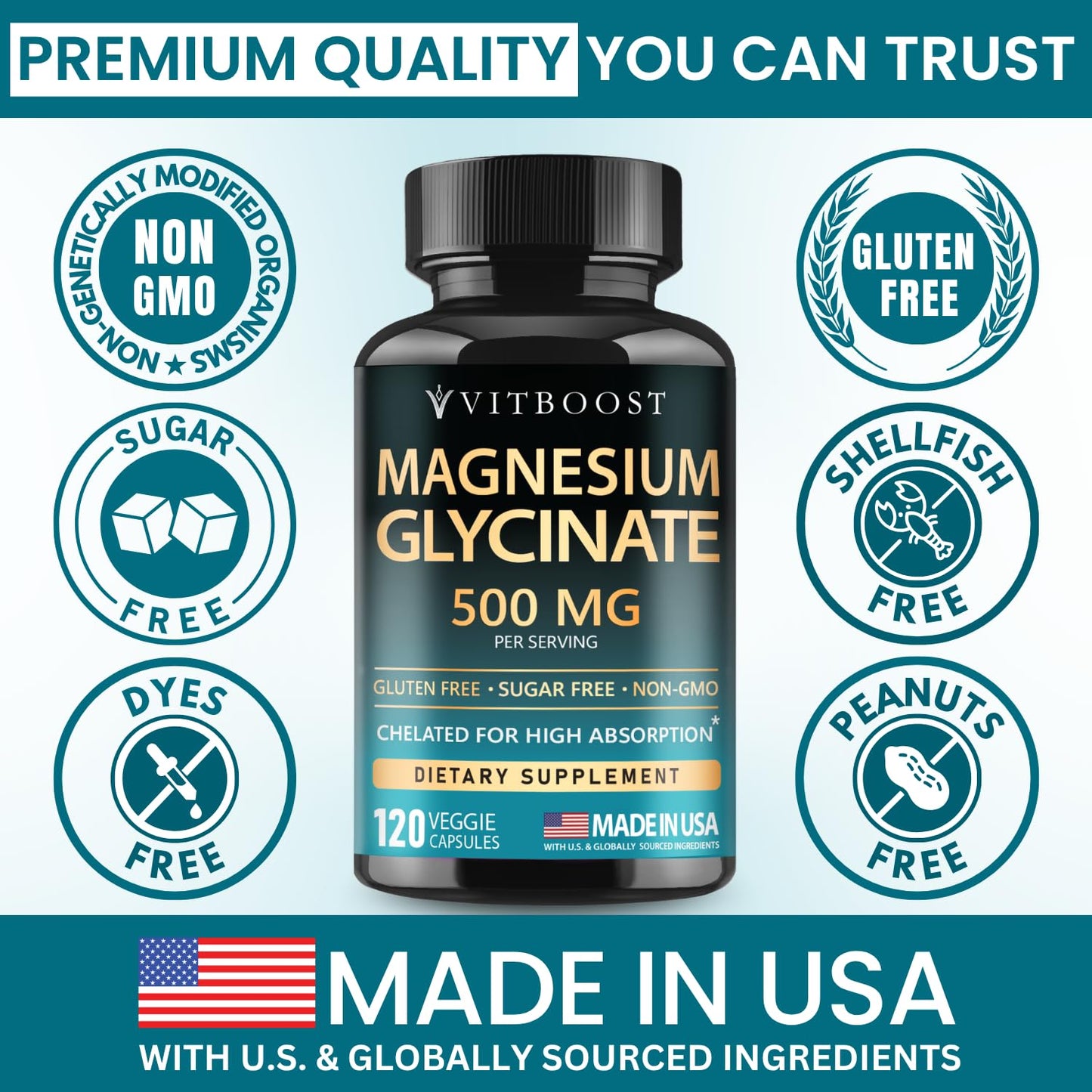 VITBOOST Magnesium Glycinate 500mg, 120 Capsules