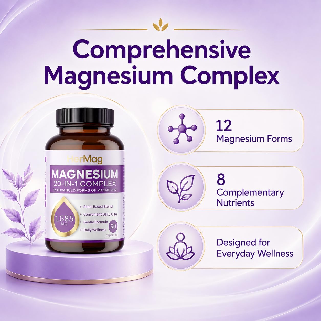 ANEFOSE HerMag 20-in-1 Magnesium Complex, 12 Forms of Magnesium with Vitamin B6, Zinc & Nutrient Blend, Daily Wellness Supplement, 90 Capsules