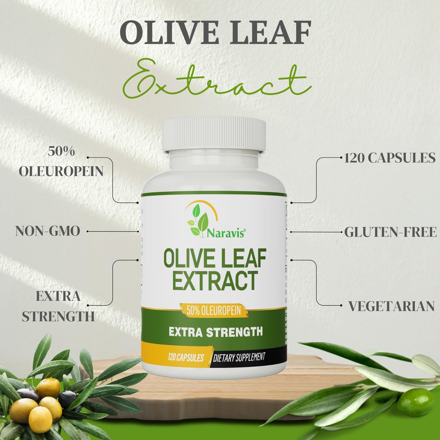 Naravis Olive Leaf Extract 50% Oleuropein Immune Support Capsules 120