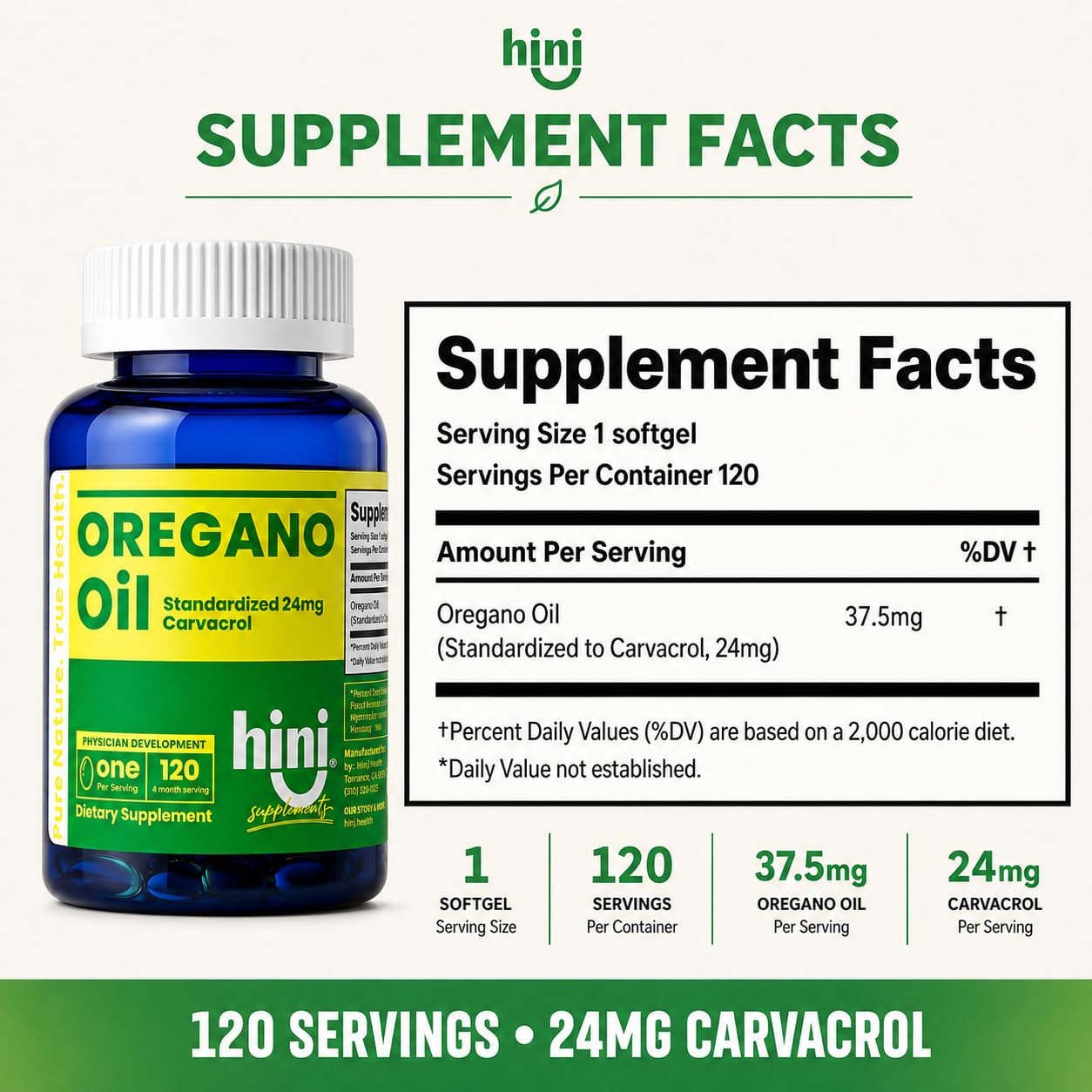 HINI Oregano Oil Softgels, 120 Servings