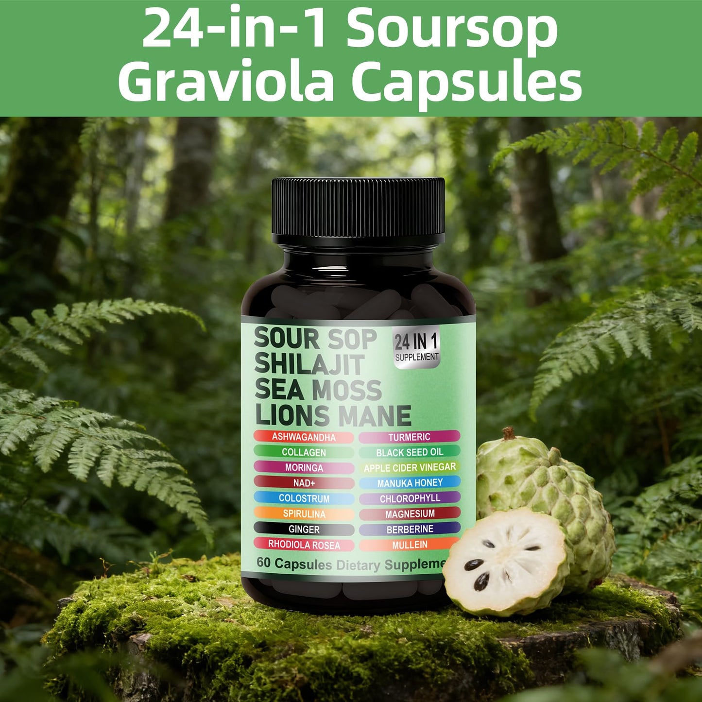 TENTOOL 24-in-1 Soursop Graviola Capsules with Sea Moss, Shilajit, Lions Mane, Immune Support, Energy, Gut Health, Vegan, 60 Capsules
