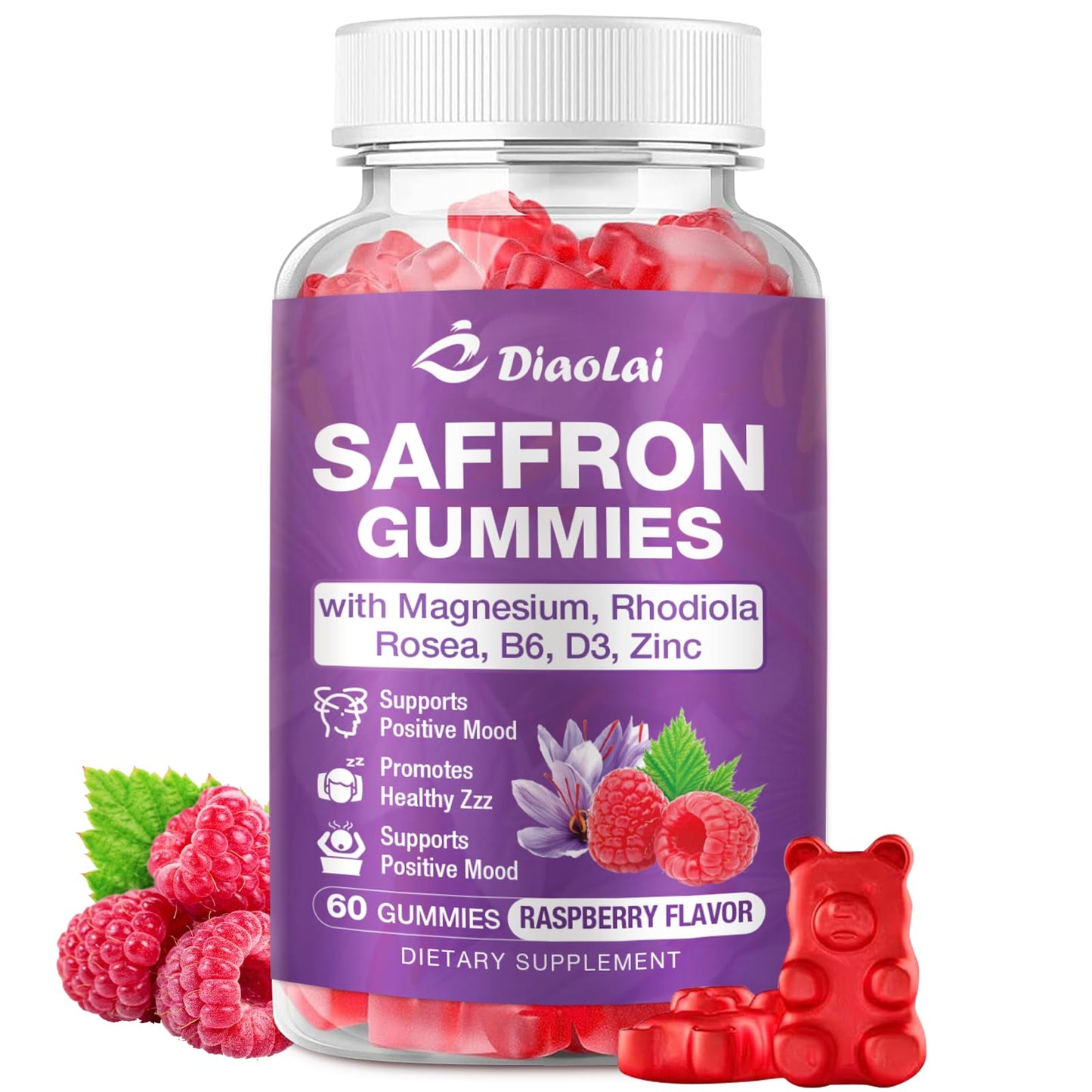 DIAOLAI Max Strength Saffron Gummies 88.5mg with Magnesium, St. John's Wort & Rhodiola for Mood Support, Focus - Sugar-Free, 60 Count