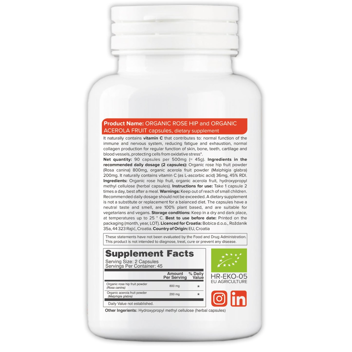 b RoseHips & Acerola Capsules - Vitamin C 1000mg from Acerola Cherry Powder & Rosehip Powder, Plant-Based, GMO-Free - 90 Vegan Capsules