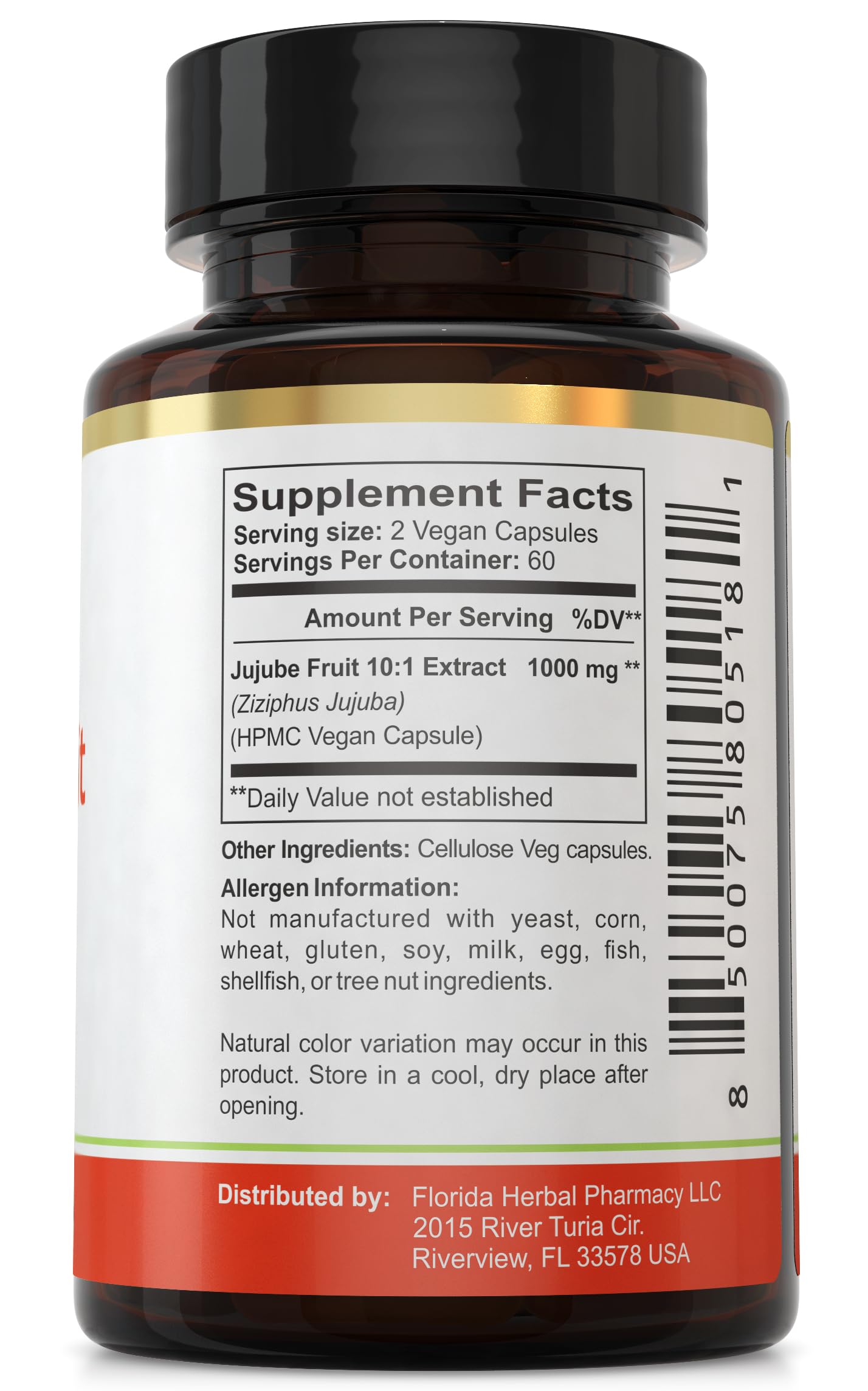 Florida Herbal Pharmacy Jujube Fruit Extract Supplement 10:1 120 Capsules