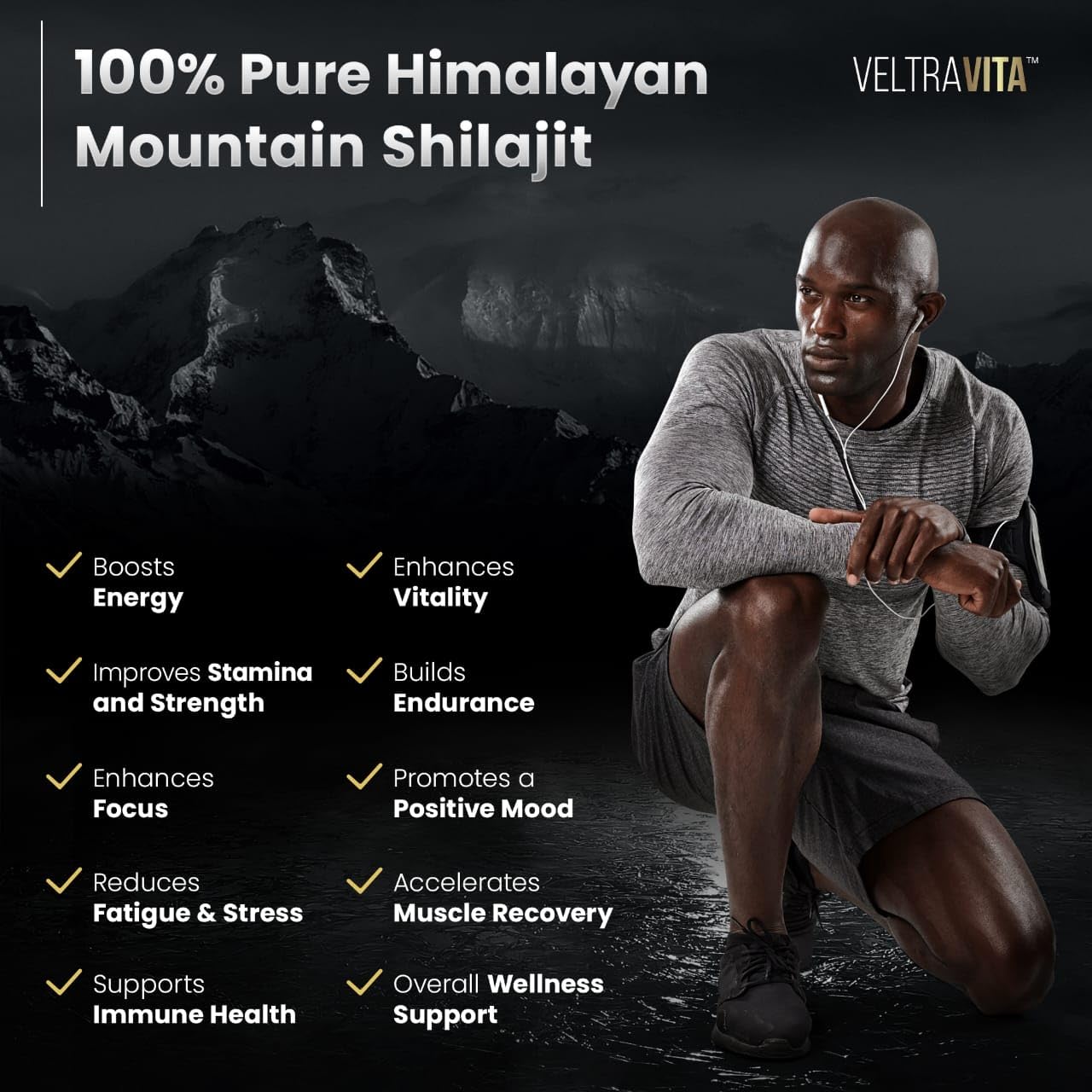 VeltraVita Pure Himalayan Shilajit Gummies with Ginkgo Biloba, Chaga & KSM-66 Ashwagandha, 60 Gummies