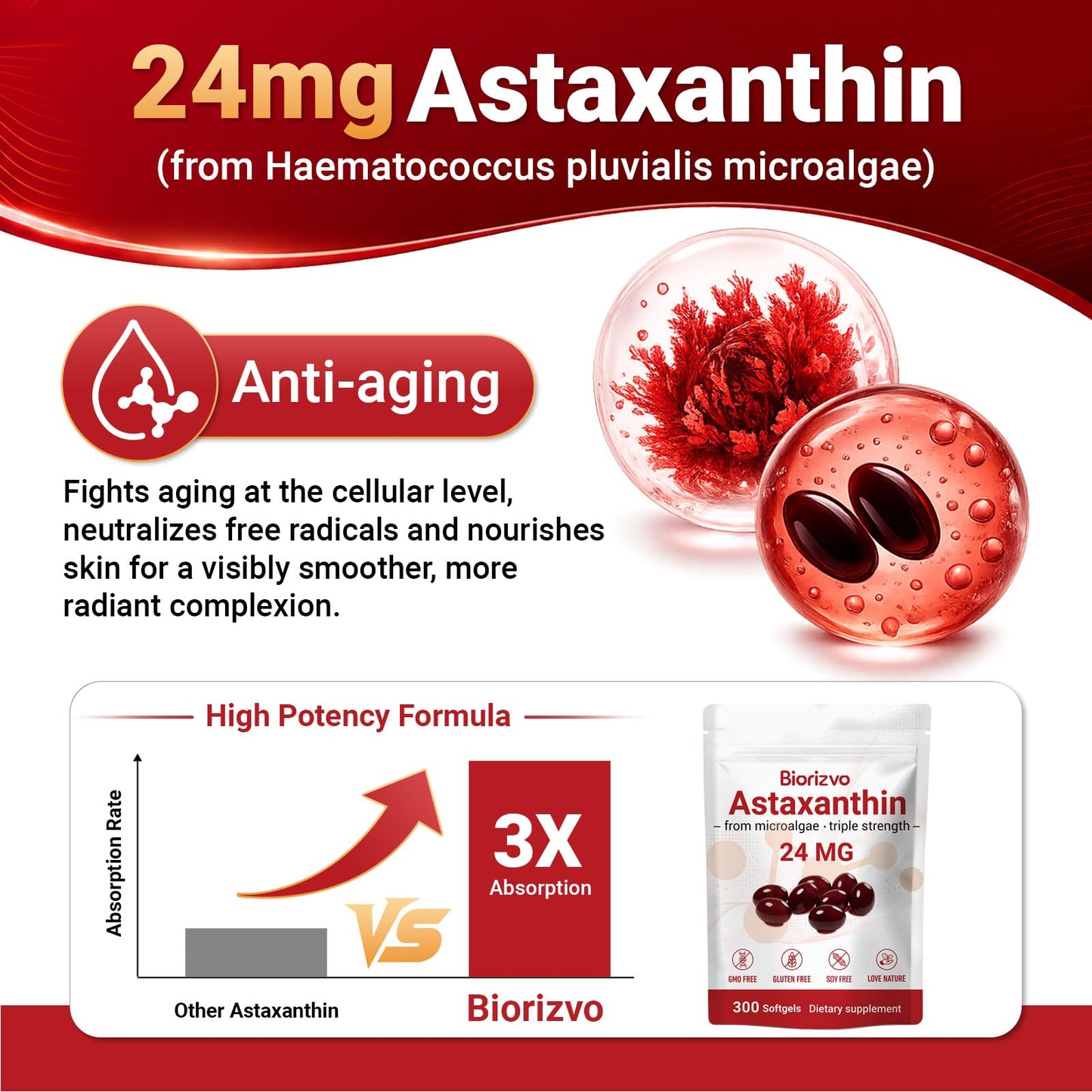 Biorizvo Astaxanthin Supplements 24mg Softgels, 300 Count