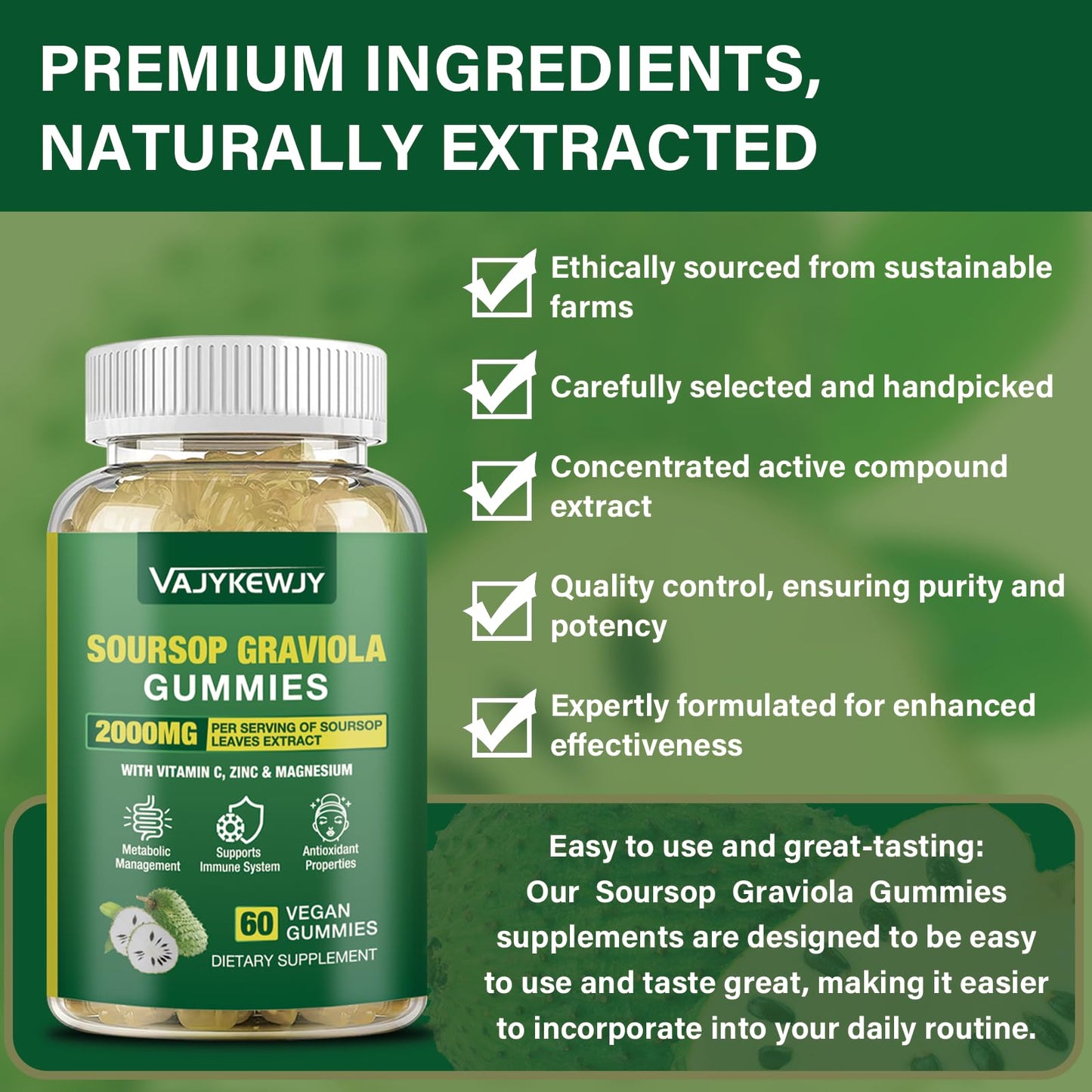 VAJYKEWJY Soursop Graviola Gummies - 2000mg Extra Strength Soursop Leaves Extract, Vitamin C, Zinc & Whole Natural Food for Immunity, Vegan, 60 Gummies