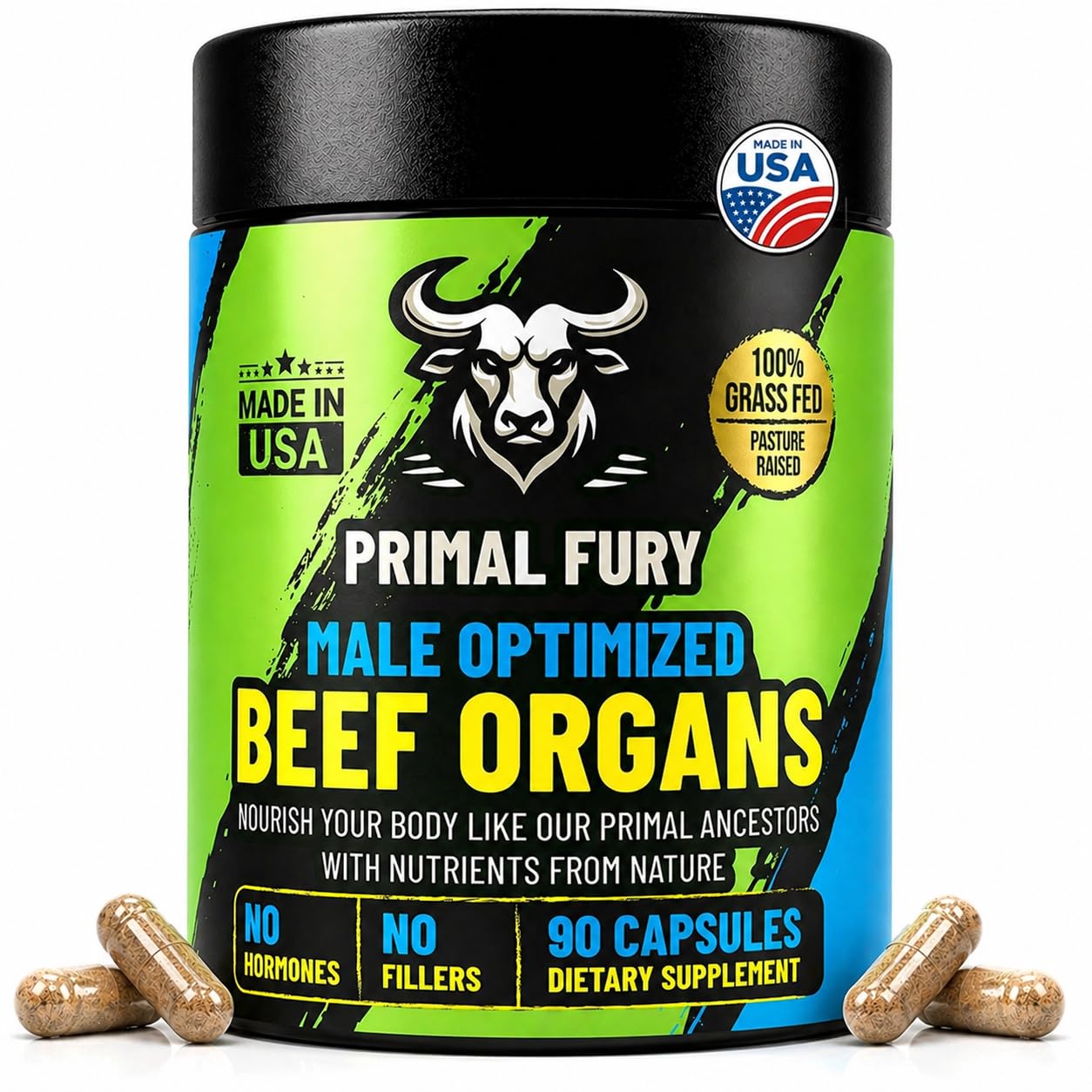 PRIMAL FURY Grass Fed Beef Organ Supplement for Men 90 Capsules