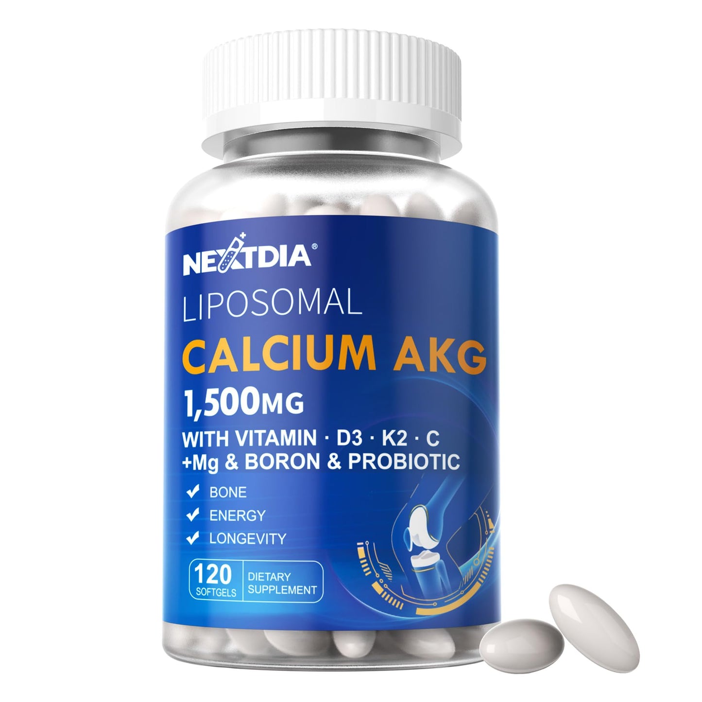 Nextdia Hydrolyzed Collagen Peptides with Liposomal Calcium AKG Softgels 1500mg, 240 Softgels