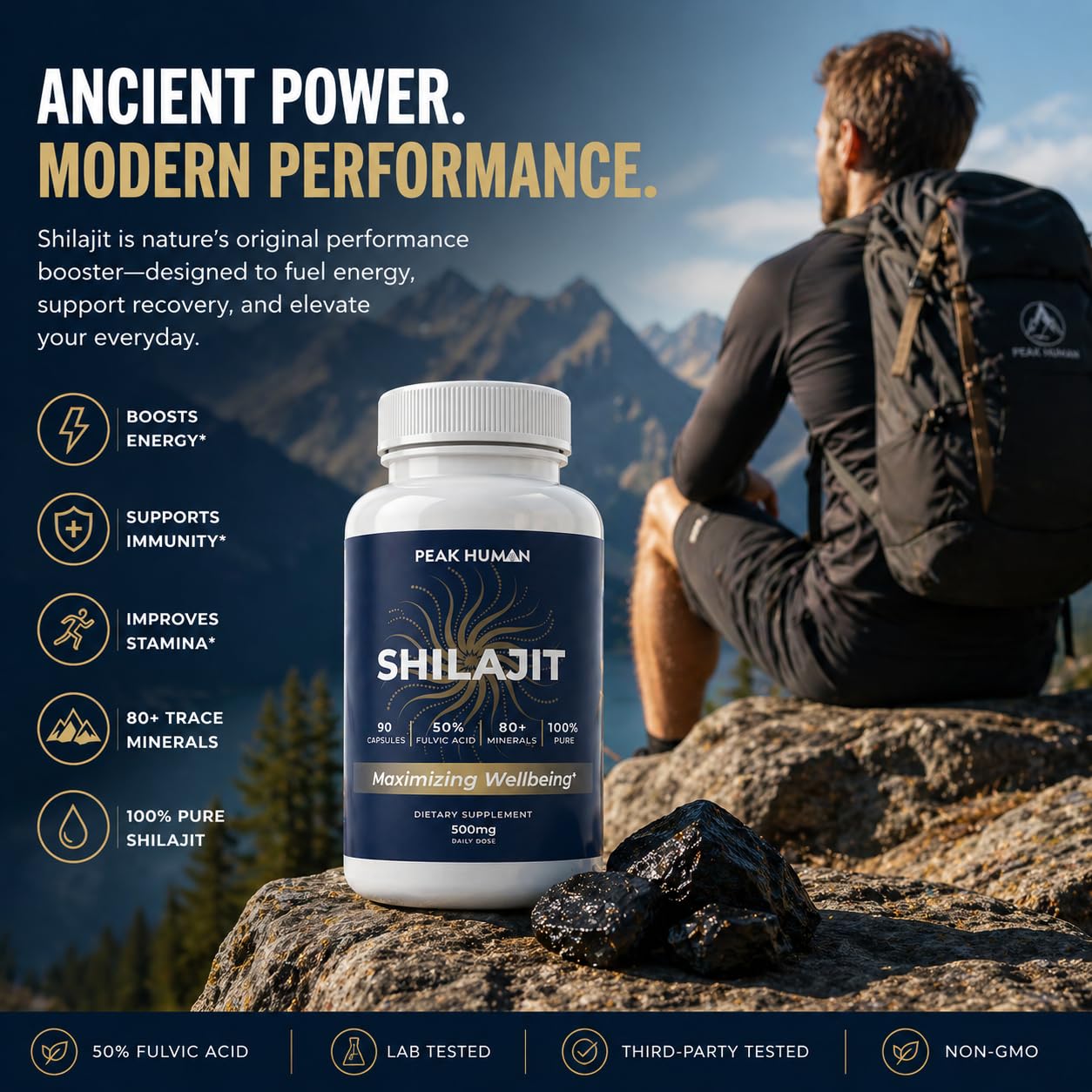 Peak Human Pure Shilajit Capsules, 60 Count
