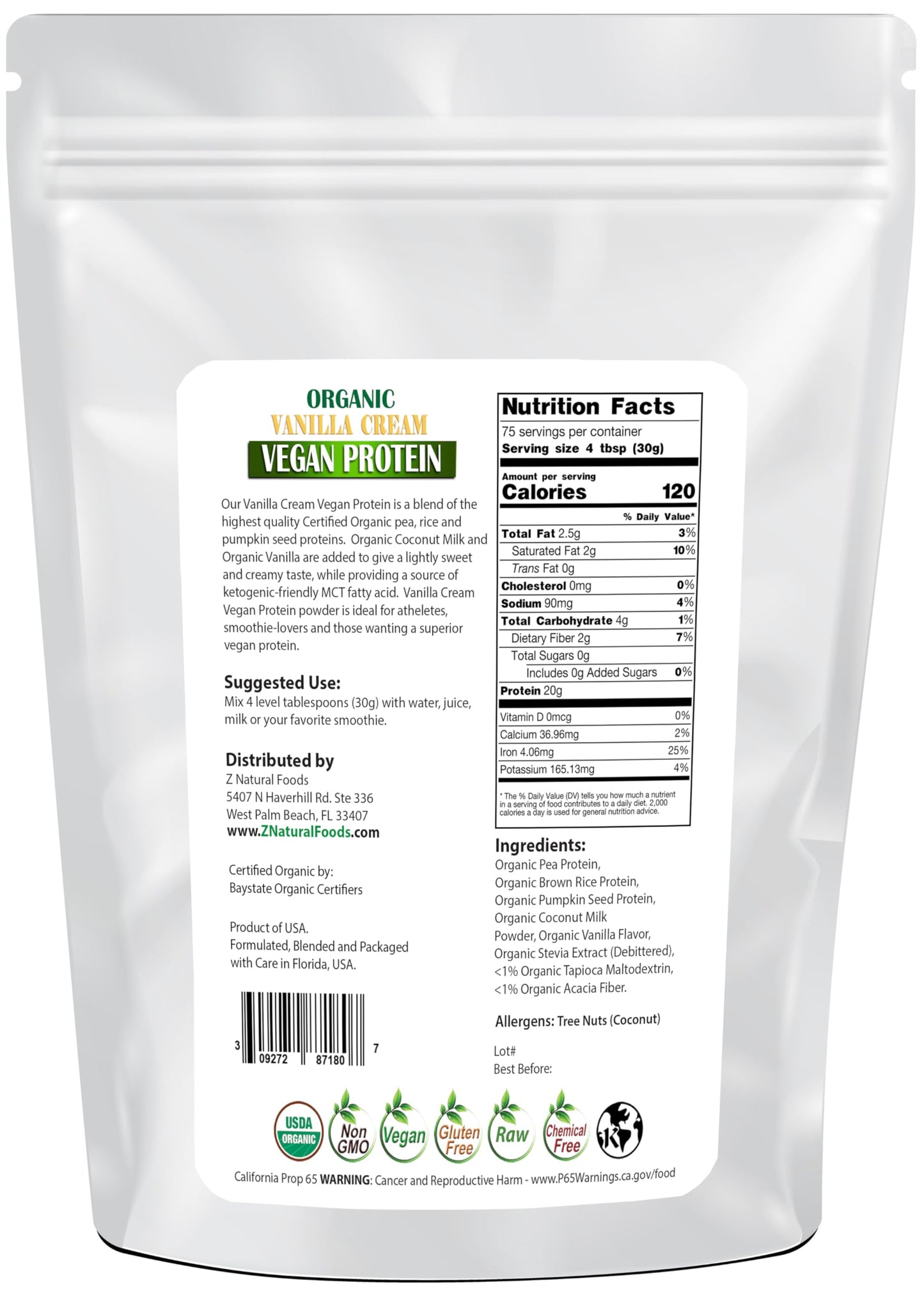 Z Natural Foods Organic Vanilla Cream Vegan Protein Powder 80 Servings