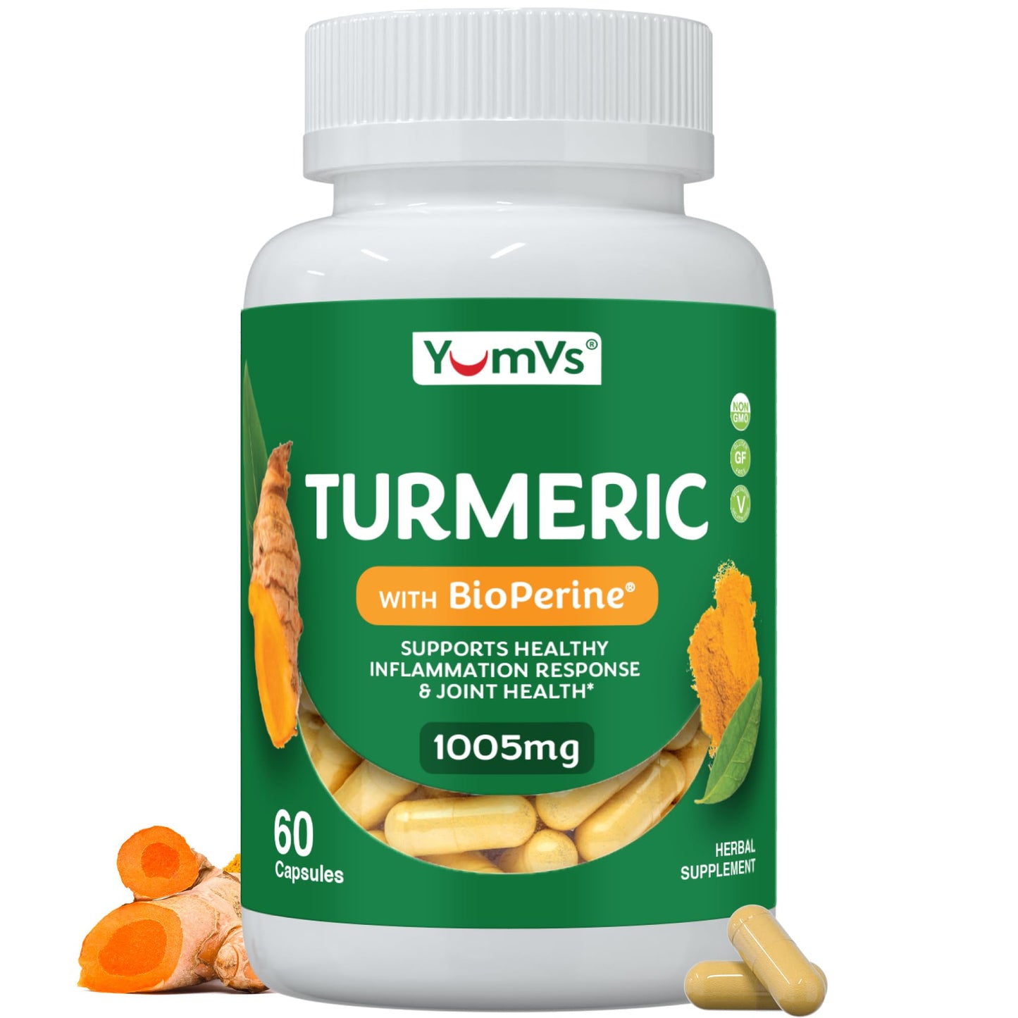 YUM-V'S Turmeric Curcumin Supplement with Black Pepper Capsule, 60 Count