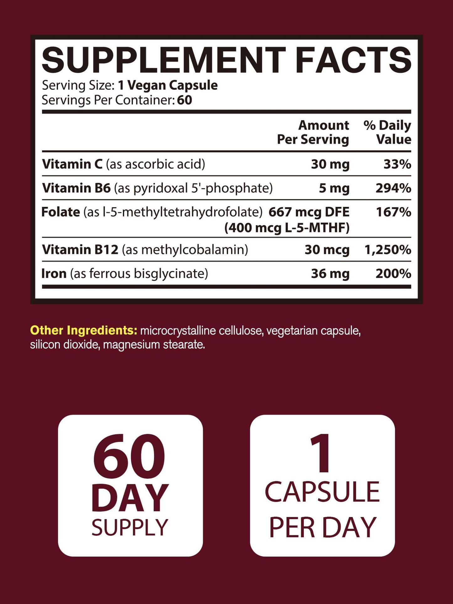 Vitacook Iron Supplement Bisglycinate with Vitamin C, B6, B12, Folate Capsule, 60 Count