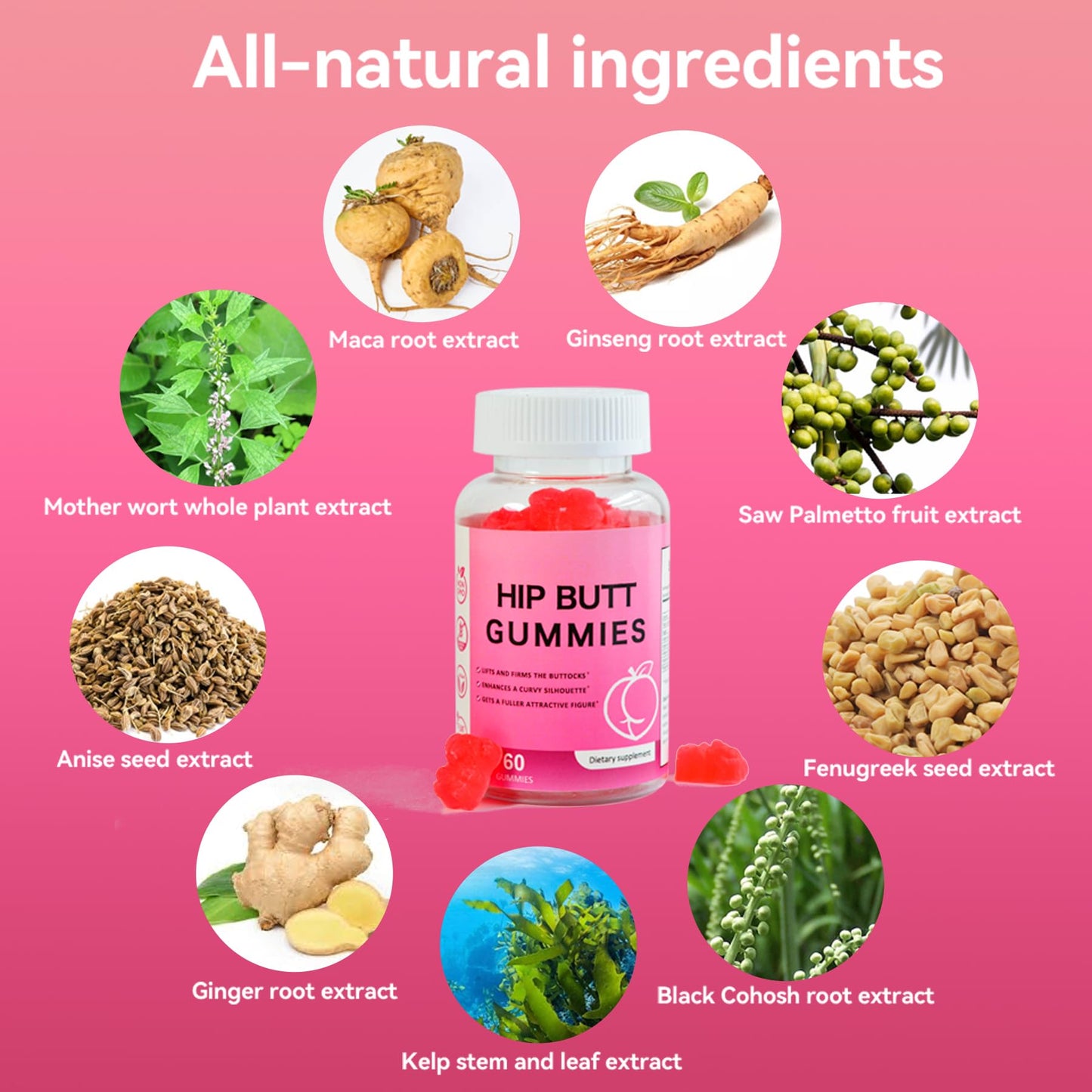 Laicuherb BBL Gummies for Women Curves-Berry Flavor Booty Gummies with Vitamin A, C, B6, 60 Gummies